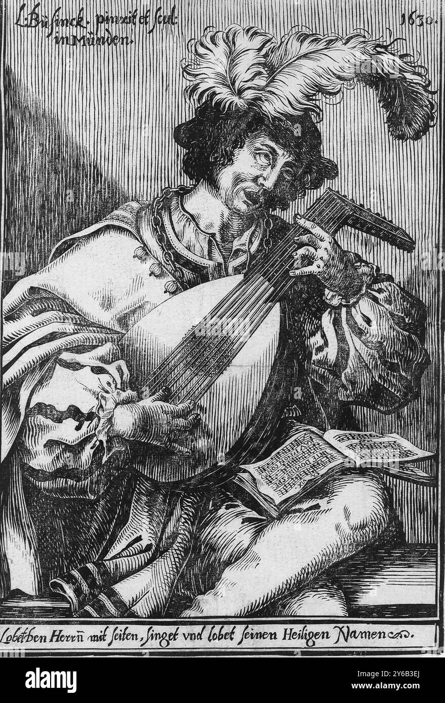 Lautenspieler, Druck, Druckerei: Ludwig Büsinck, 1630, Papier, Höhe, 255 mm x Breite, 175 mm Stockfoto