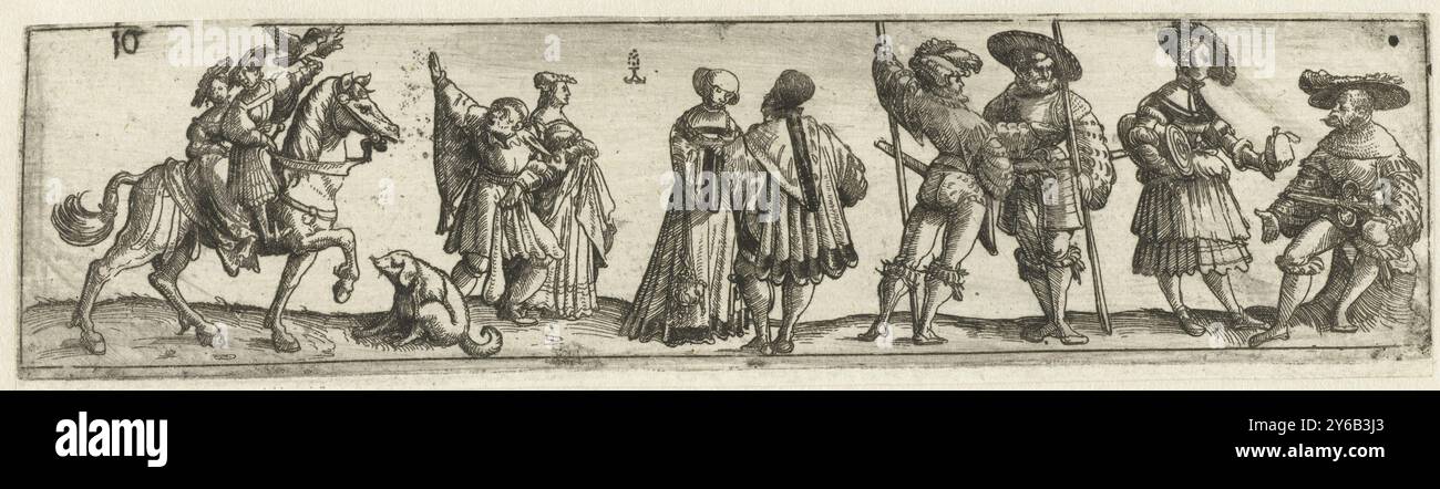 Friesisch mit Männern, Frauen und Soldaten, Friesisch mit fünf Paaren. Falkner mit einer Frau zu Pferd, vier stehende Personen, zwei Soldaten, eine Frau und ein Mann, der auf einem Baumstumpf sitzt., Druck, Druckerei: Monogrammist CB traf Boom, (auf dem Objekt erwähnt), Deutschland, 1531, Papier, Ätzen, Höhe, 48 mm x Breite, 194 mm Stockfoto