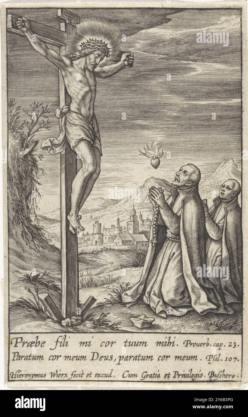 Christus, der von Franz Xaver und Stanislaus Kostka verehrt wurde, hängt am Kreuz. Am Fuße des Kreuzes knieten die Jesuiten Franz Xaver und Stanislaus Kostka in Anbetung. Das flammende Herz fällt auf sie herab. Am Rande zwei Bibelzitate von Prov 23 und PS. 107 in lateinischer Sprache., Druck, Druckerei: Hieronymus Wierix, (erwähnt auf Objekt), Herausgeber: Hieronymus Wierix, (erwähnt auf Objekt), Joachim de Buschere, (erwähnt auf dem Objekt), Antwerpen, 1563 - vor 1619, Papier, Gravur, Höhe, 83 mm x Breite, 53 mm Stockfoto Christus, der von Franz Xaver und Stanislaus Kostka verehrt wurde, hängt am Kreuz. Am Fuße des Kreuzes knieten die Jesuiten Franz Xaver und Stanislaus Kostka in Anbetung. Das flammende Herz fällt auf sie herab. Am Rande zwei Bibelzitate von Prov 23 und PS. 107 in lateinischer Sprache., Druck, Druckerei: Hieronymus Wierix, (erwähnt auf Objekt), Herausgeber: Hieronymus Wierix, (erwähnt auf Objekt), Joachim de Buschere, (erwähnt auf dem Objekt), Antwerpen, 1563 - vor 1619, Papier, Gravur, Höhe, 83 mm x Breite, 53 mm Stockfoto