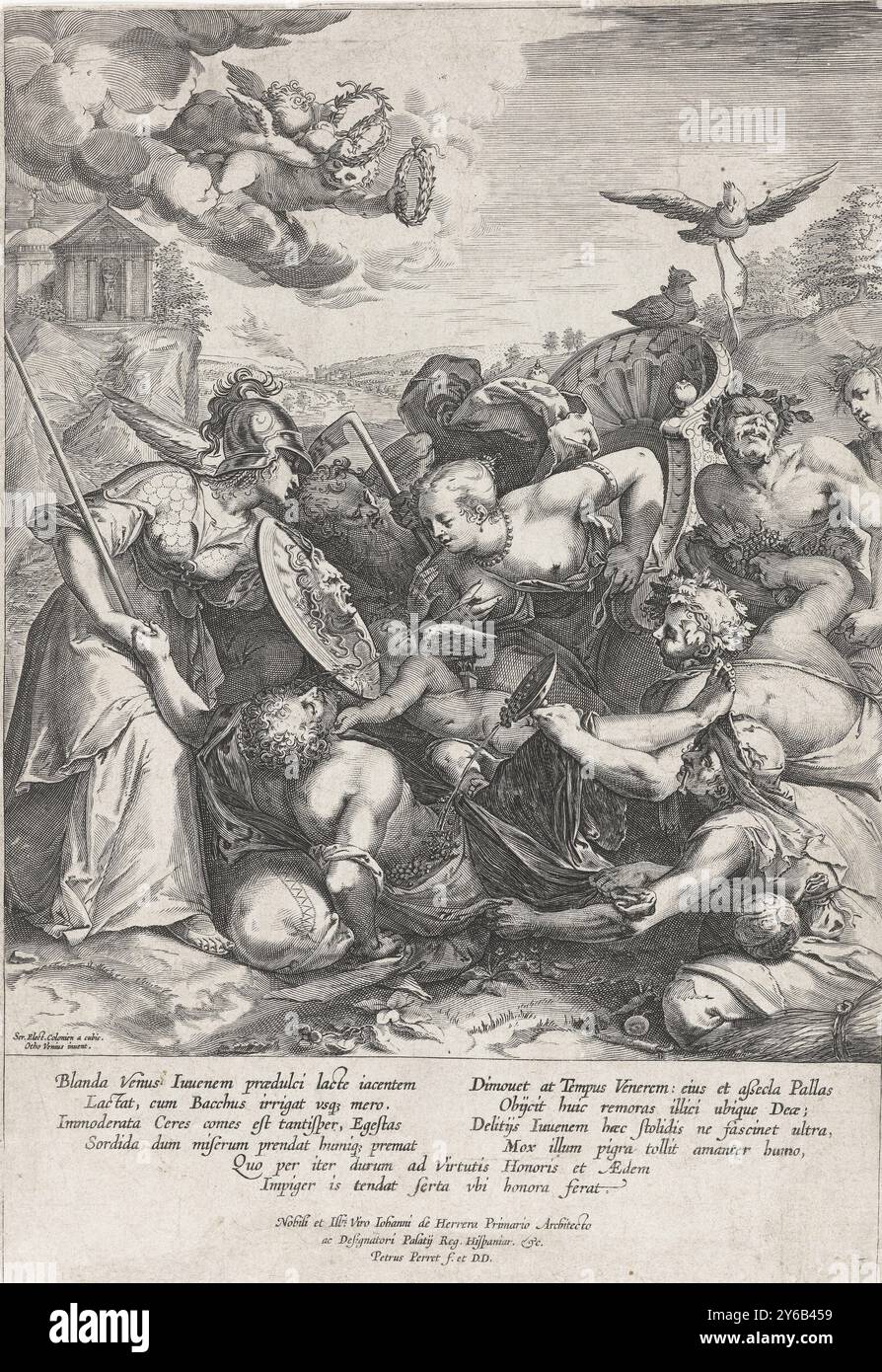 Minerva beschützt den Hirten Syphilis, allegorische Szene mit Minerva, der den Hirten Syphilis (der sich weigerte, Apollo anzubeten und ihn mit Wunden am ganzen Körper als Strafe infizierte) vor Venus, Bacchus, Armut und Vaterzeit schützt, die den jungen Mann schikanieren. Im Hintergrund der Tempel des Apollo. Am Rand ein zehnzeiliges Gedicht und darunter eine dreizeilige Widmung in lateinischer Sprache. Druck, Druckerei: Pieter Perret, (auf Objekt erwähnt), nach Entwurf von: Otto van Veen, (auf Objekt erwähnt), Pieter Perret, (auf Objekt erwähnt), Antwerpen, c. 1575 - c. 1625, Papier, Gravur, Höhe, 319 Stockfoto