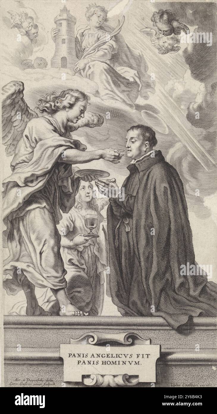 Kommunion des Heiligen Stanislaus Kostka (?) Mit einem Engel gibt ein Engel dem Heiligen Stanislaus Kostka (?) Als Wirt, während ein anderer Engel einen Kelch hält, beobachtet die Heilige Barbara in den Wolken. In einer Kartusche unter dem Druck die lateinische Unterschrift "Panis Angelicvs fit Panis Hominvm"., Druck, Druckerei: Cornelis Galle (II), (erwähnt auf Objekt), nach Entwurf: Abraham van Diepenbeeck, (erwähnt auf Objekt), Verlag: Maria Cnobbaert, (erwähnt auf Objekt), Antwerpen, 1625 - 1678, Papier, Gravur, Höhe, 255 mm x Breite, 145 mm Stockfoto