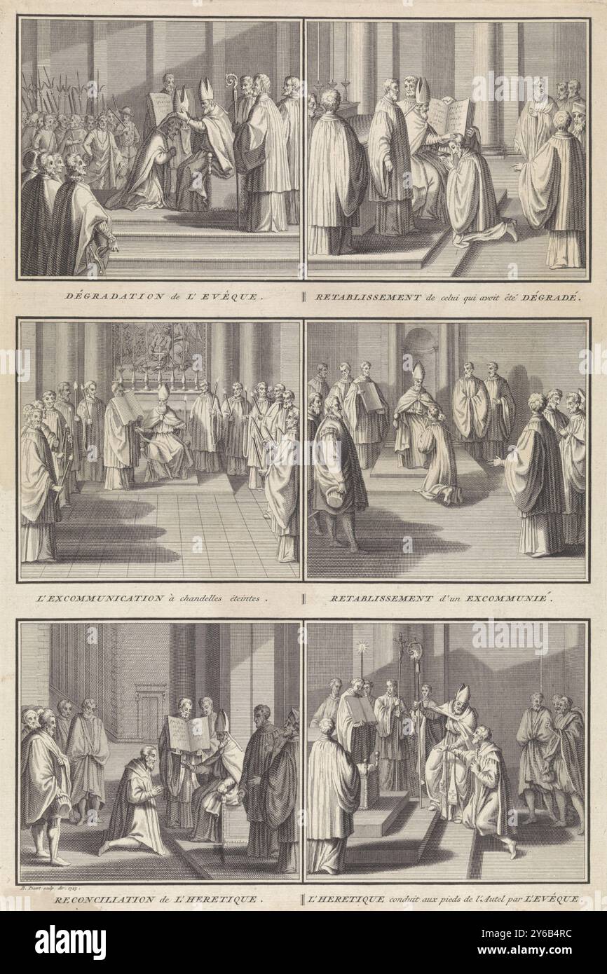 Vertreibung in der römisch-katholischen Kirche, Dégradation de l'Evéque, Retablissement de celui qui avoit êté Dégradé (...) (Titel zum Gegenstand), Blatt mit sechs Darstellungen von Strafen, Exkommunikation und Restauration in der römisch-katholischen Kirche. Oben links: Ein Bischof wird durch Entfernung seiner Mitere entweiht. Oben rechts: Wiederherstellung für jemanden, der entweiht wurde. Mitte links: Es wird eine Exkommunikation ausgesprochen, nach der die Kerzen ausgeblasen werden. Mitte rechts: Restauration für eine Exilperson oder exkommunizierte Person. Unten links: Genesung eines Ketzers. Unten rechts: Ein Ketzer wird durch Th zum Altar geführt Stockfoto
