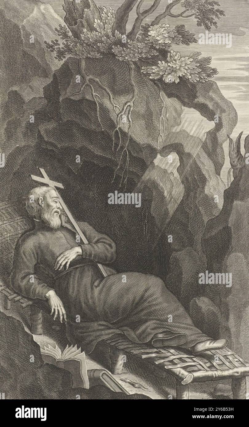 Johannes Baptist von Baëza, Johannes Baptist von Baëza, christlicher Märtyrer in Japan, liegend mit einem gegen ihn gepressten Kreuz auf einem Bett in der Nähe einer Höhle., Druck, Druckerei: Adriaen Lommelin, (auf dem Objekt erwähnt), Antwerpen, 1630 - 1677, Papier, Gravur, Höhe, 299 mm x Breite, 182 mm Stockfoto