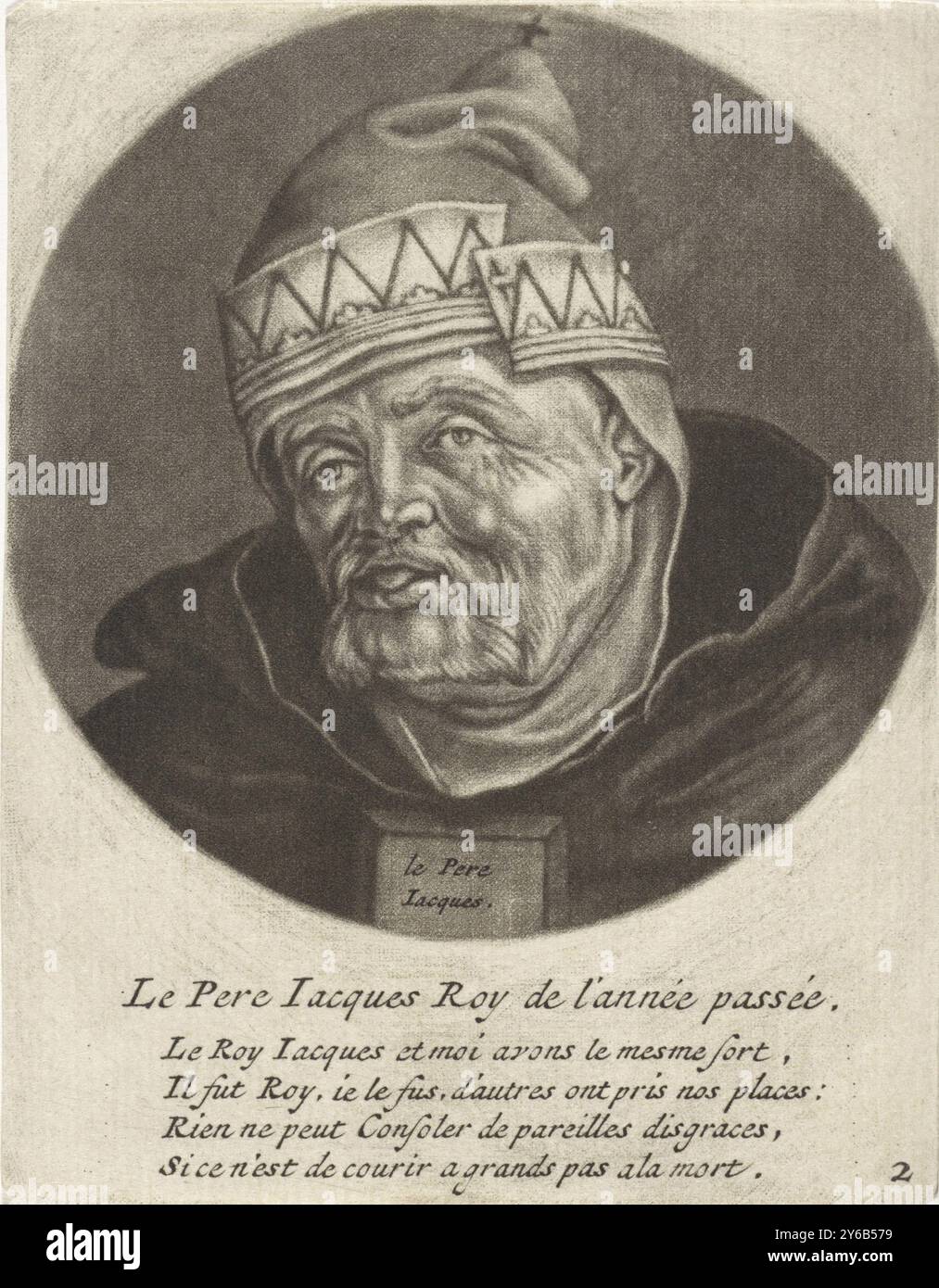 Mönch als König des Alten Jahres, Le Pere Iacques Roy de l’année passée (Titel auf Objekt), Karikaturen über den französischen Klerus unter Ludwig XIV., A) (Titel der Serie), Renversement de la Morale Chrétienne par les désordres du Monachisme (Titel auf Objekt), Mönch mit einer Papierkrone auf dem Kopf, gekleidet als König des Alten Jahres. Der Druck ist Teil einer Serie von Karikaturen des französischen Klerus unter Ludwig XIV., Druck, Druckerei: Jacob Gole, nach Entwurf von: Cornelis DuSart, 1670–1724 und, oder 1693–1700, Papier, Gravur, Höhe, 115 mm x Breite, 90 mm Stockfoto