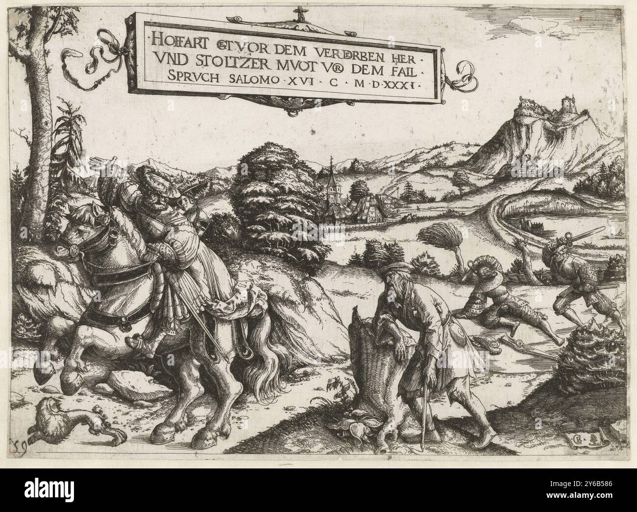 Hochmut und Stolz, Hoffart kommt vor dem Ende des Lebens hier und durch den Fall (Titel auf Objekt), Darstellung des Sprichs 'Hochmut geht dem Elend voraus, Stolz kommt vor einem Fall' (SPR 16,18). Eine Landschaft mit einem Paar in opulenter Kleidung auf dem Rücken des Pferdes, die an einem Bettler vorbeireiten, der sich an einem Baumstumpf beugt. Dahinter ein Kampf zwischen zwei Männern. Oben eine Kartusche mit dem Spruch in Deutsch., Druck, Druckerei: Monogrammist CB trifft auf Boom, (auf Objekt erwähnt), Deutschland, 1531, Papier, Ätzen, Höhe, 198 mm x Breite, 270 mm Stockfoto