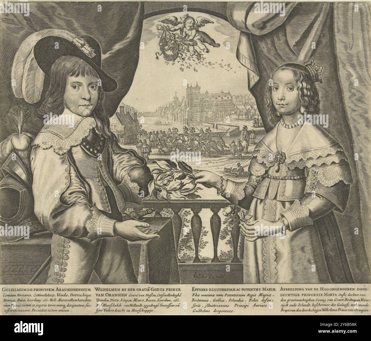 Porträt von Wilhelm II., Prinz von Orange, und Maria Henrietta Stuart, Porträt von Wilhelm II. Und Maria Henrietta, anlässlich ihrer Verlobung 1641. Maria Henrietta überreicht Wilhelm II. Einen Blattkranz, in der linken Hand hält sie eine Rose. Kniefiguren, auf einem Balkon mit Vorhängen stehend, im Hintergrund die Gebäude des Binnenhof und des Vijverbergs. Putti streut Blumen in der Luft. In der Unterschrift vier Strophen von fünf Zeilen in lateinischer und niederländischer Sprache. Druck, Druckerei: Anonym, Verlag: Claes Jansz. Visscher (II), (auf dem Objekt erwähnt), Druckerei: Niedere Länder, Verlag: AMS Stockfoto