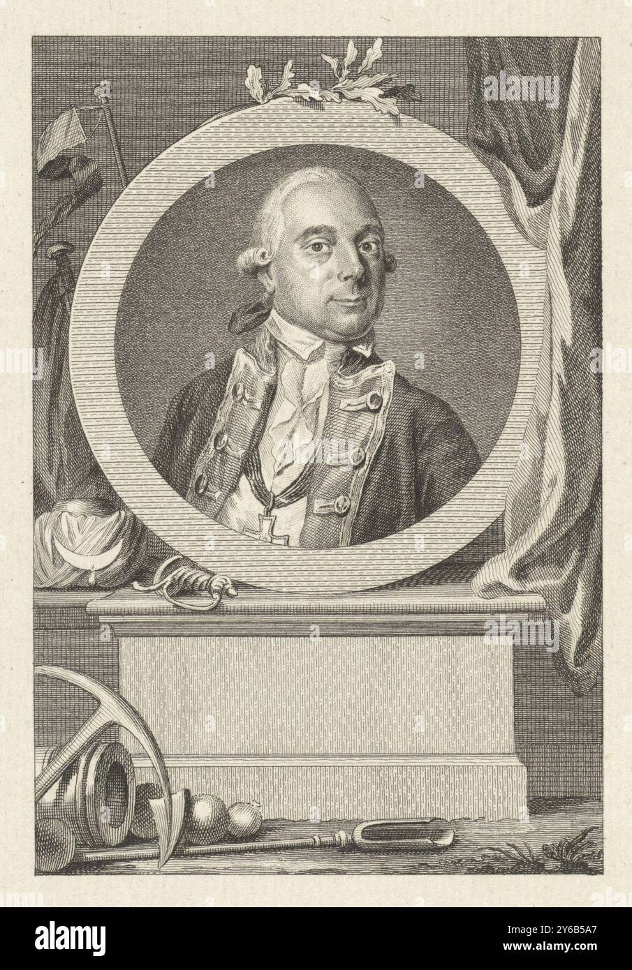 Porträt von Admiral Jan Hendrik van Kinsbergen, Porträt von Jan Hendrik van Kinsbergen, Vizeadmiral und außerordentlicher Marschall der niederländischen Marine., Druck, Druckerei: Reinier Vinkeles (I), (erwähnt auf Objekt), Druckerei: Cornelis Bogerts, (erwähnt auf Objekt), nach Zeichnung von: Hendrik Pothoven, (erwähnt auf Objekt), Amsterdam, 1781 - 1816, Papier, Ätzen, Höhe, 222 mm x Breite, 153 mm Stockfoto