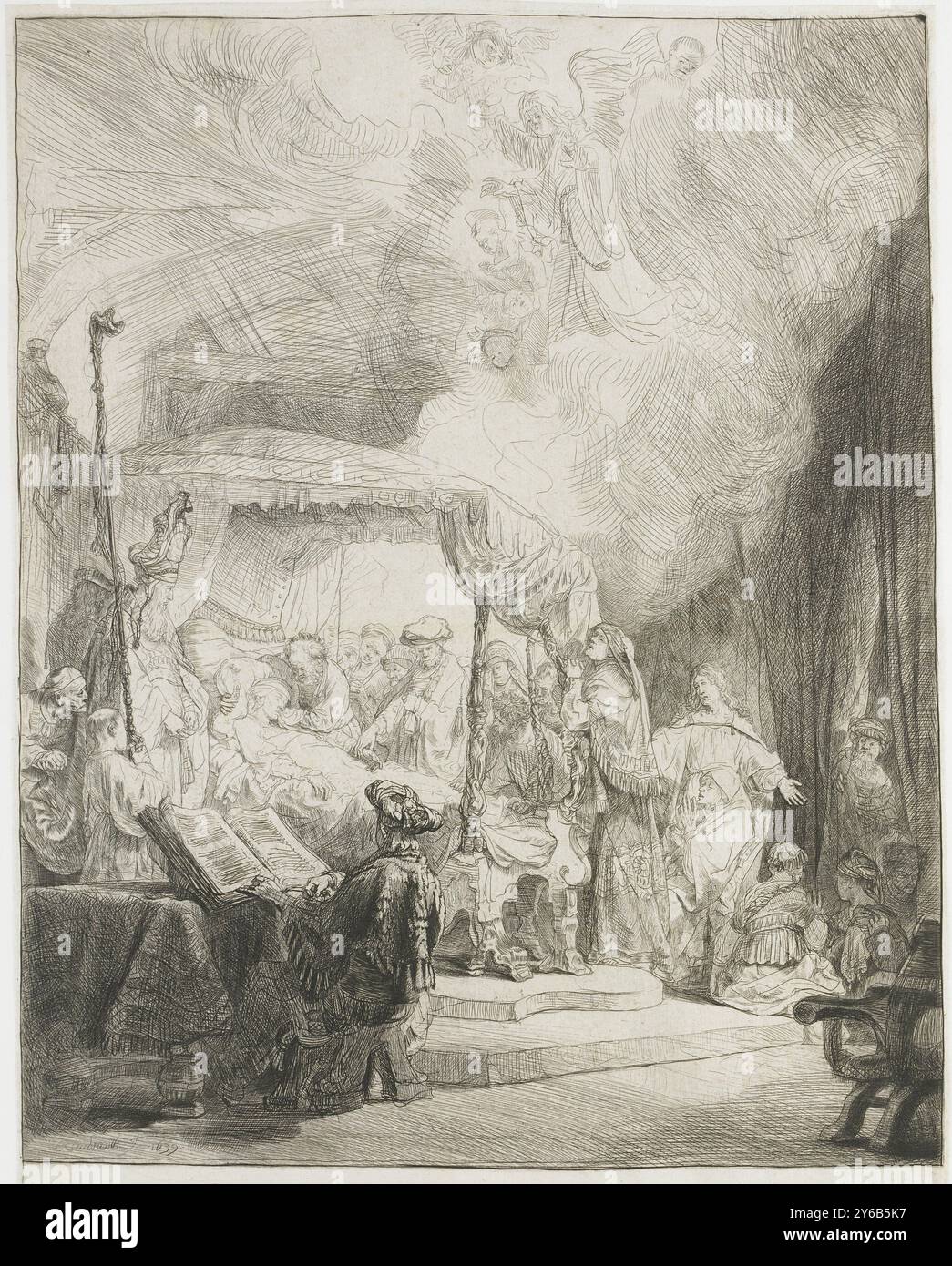 Der Tod der Jungfrau, Druck, Druckerei: Rembrandt van Rijn, (auf dem Objekt erwähnt), nach eigenem Entwurf von: Rembrandt van Rijn, 1639, Papier, Ätzen, Trockenspitze, Höhe, 411 mm x Breite, 315 mm Stockfoto