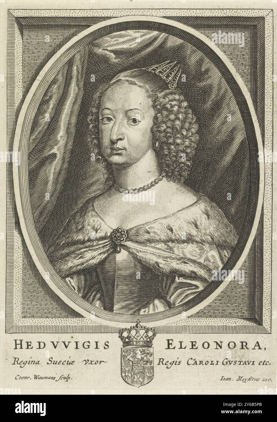 Porträt von Hedwig Eleonora, Königin von Schweden, Theater der Bischöfe, Kaiser, Könige, Herzöge, Fürsten usw. (Serientitel), Theatrum pontificum, Imperatorum, regum, Ducum, Principum usw. (Titel der Serie), Porträt von Hedwig Eleonora, Königin von Schweden. Am Rand ihr Wappen und zweizeilige Unterschrift in lateinischer Sprache., Druck, Druckerei: Coenraet Waumans, (auf dem Objekt erwähnt), Verlag: Joannes Meyssens, (auf dem Objekt erwähnt), Antwerpen, 1633 - 1673, Papier, Gravur, Höhe, 174 mm x Breite, 124 mm Stockfoto