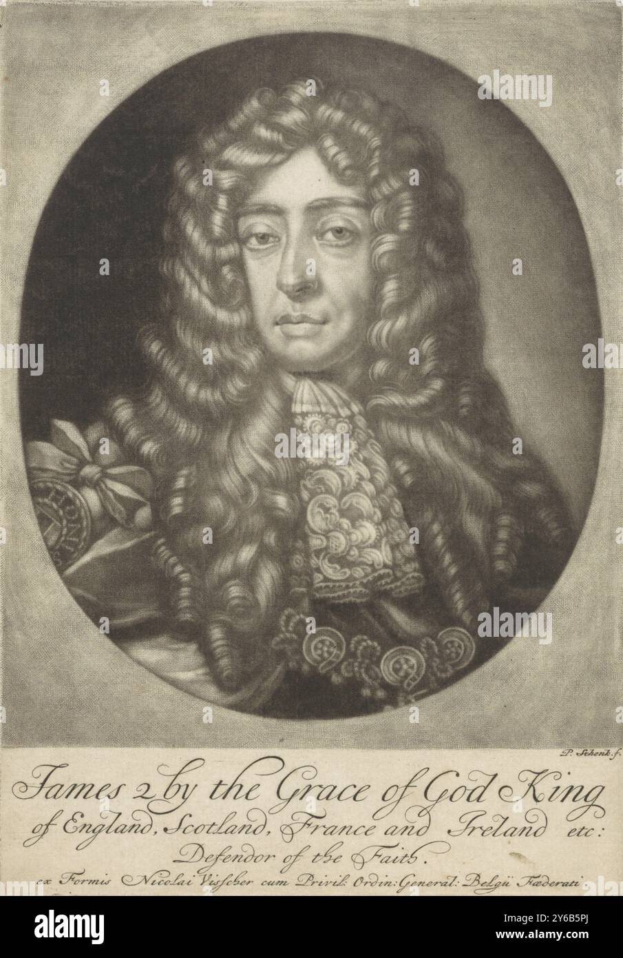 Porträt von Jakob II., König von England, Jakob II. Stuart, König von England und als Jakob VII., König von Schottland., Druck, Druckerei: Pieter Schenk (I), (erwähnt auf Objekt), Herausgeber: Nicolaes Visscher (I), (erwähnt auf Objekt), Staten van Holland en West-Friesland, (erwähnt auf Objekt), Amsterdam, 1670 - 1713, Papier, Gravur, Höhe, 191 mm x Breite, 134 mm Stockfoto