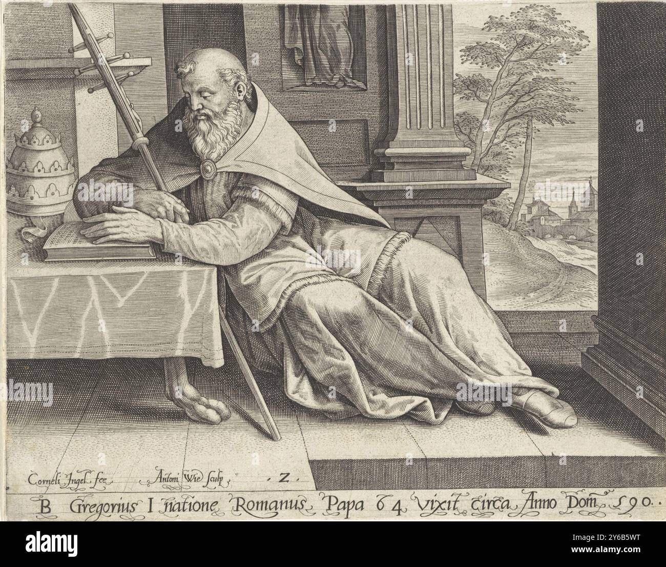 Pfarrer Gregor der große, die vier Kirchenväter (Titel der Serie), Heiliger Gregor der große liest ein Buch. Auf dem Tisch steht sein päpstliches Diadem. Lateinische Unterschrift am Rand., Druck, Druckerei: Antonie Wierix (II), (erwähnt auf Objekt), nach Entwurf von: Cornelis Ingelrams, (erwähnt auf Objekt), Verlag: Paulus Brachfelt, Antwerpen, 1586, Papier, Gravur, Höhe, 168 mm x Breite, 215 mm Stockfoto