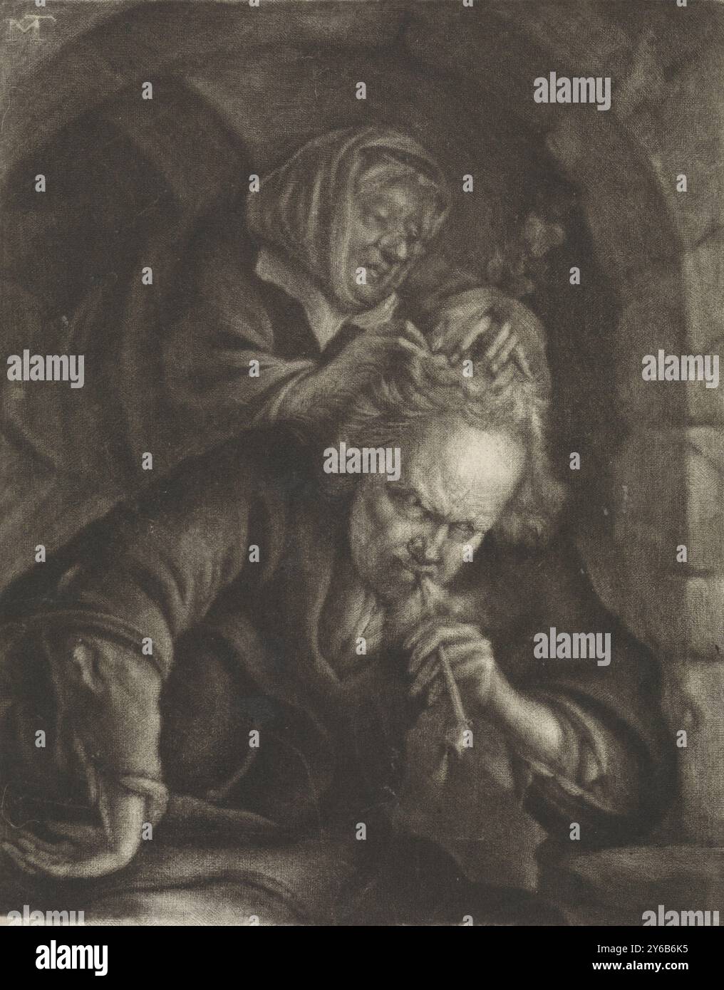 Eine Frau hört einem Mann zu. Vor einem Steinkorridor ist eine Frau damit beschäftigt, die Läuse aus den Haaren eines Pfeifenrauchenden Mannes zu entfernen., Druck, Druckerei: Johannes de Groot (II), (erwähnt auf Objekt), nach Entwurf: Bartholomeus Maton, (erwähnt auf Objekt), Nordholland, 1698 - 1776, Papier, Gravur, Höhe, 228 mm x Breite, 177 mm Stockfoto
