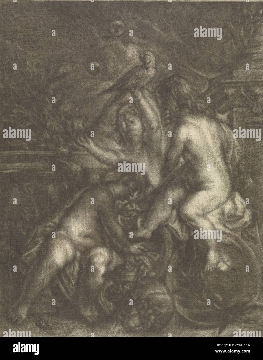 Vanitas, Allegorie der Vergänglichkeit mit drei Kindern, von denen eines Seifenblasen bläst. Ein anderer hält einen Papagei und ein dritter spielt eine Laute. Im Vordergrund befindet sich ein Schädel., Druck, Druckerei: Johannes de Groot (II), (erwähnt auf Objekt), nach Entwurf von: Johannes de Boekhorst, (erwähnt auf Objekt), Nordholland, 1745, Papier, Gravur, Höhe, 232 mm x Breite, 189 mm Stockfoto