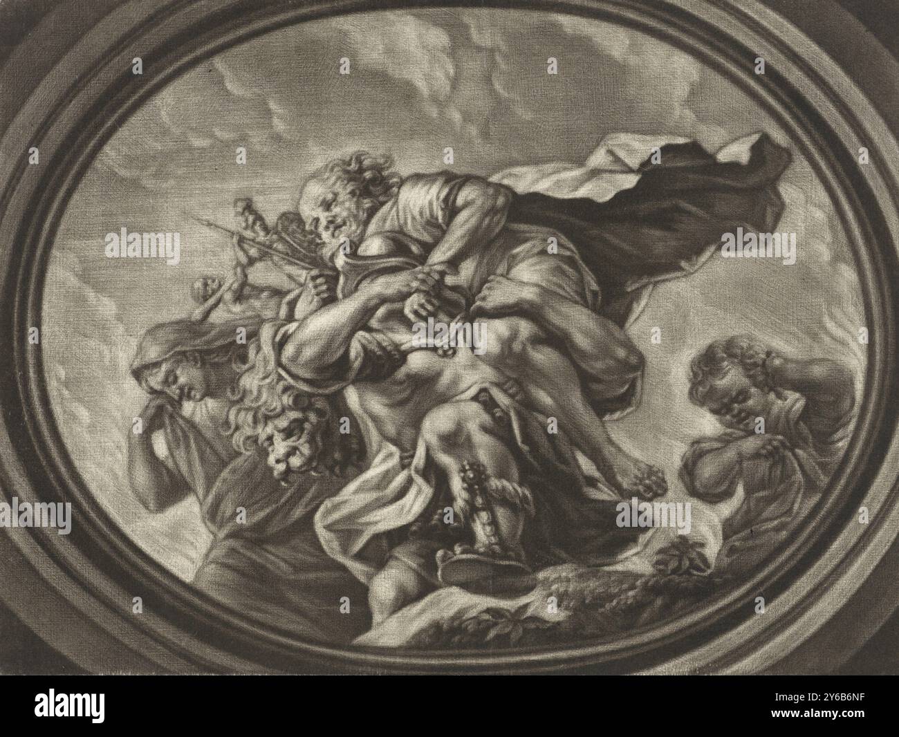 Aeneas flüchtet aus Troja, Aeneas flüchtet aus Troja zusammen mit seinem Vater Anchises und seinem Sohn Ascanius. Er trägt seinen alten und blinden Vater auf dem Rücken., Druckerei: Arnoud van Halen, Amsterdam, 1683 - 1732, Papier, Höhe, 191 mm x Breite, 254 mm Stockfoto