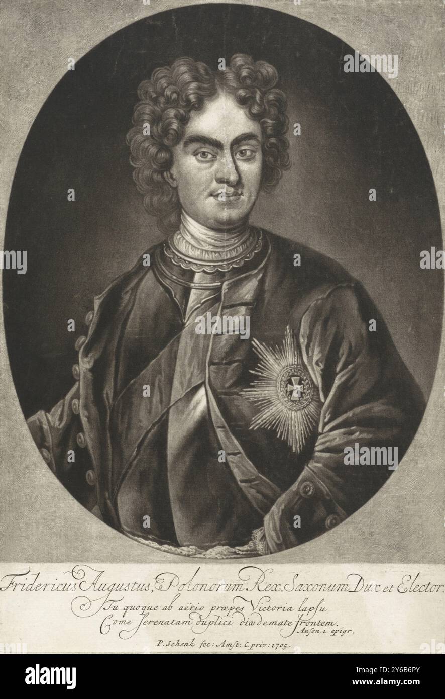 Porträt von Augustus II., König von Polen, Augustus II., Kurfürst von Sachsen und König von Polen, Spitznamen „der starke“. In Sachsen hieß er Friedrich August I., Druckerei, Druckerei: Pieter Schenk (I), (erwähnt auf Objekt), Herausgeber: Pieter Schenk (I), (erwähnt auf Objekt), anonym, (erwähnt auf Objekt), Amsterdam, 1705, Papier, Gravur, Höhe, 272 mm x Breite, 187 mm Stockfoto