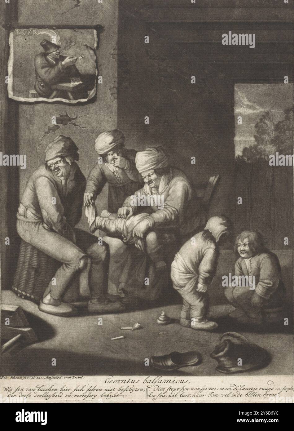 Der Geruchssinn, Odoratus balsamicus (Titel über Objekt), fünf Sinne (Titel der Serie), in einem Raum reinigt eine Frau das Gesäß ihres Kindes, während der Mann neben ihr sein Gesicht abwendet und seine Zunge herausstreckt. Neben der Frau zwei Kinder, von denen eines auf dem Boden und das andere auf einer Toilette lag. Ein drittes Kind, das seine Nase hält, gibt der Frau ein Tuch. An der Wand ist ein Bild eines Mannes, der eine Pfeife raucht., Druck, Druckerei: Pieter Schenk (I), (erwähnt auf dem Objekt), nach Malerei von: Andries beide, Verlag: Pieter Schenk (I), (erwähnt auf Objekt), Amsterdam, 1670 - 1713, Papier Stockfoto
