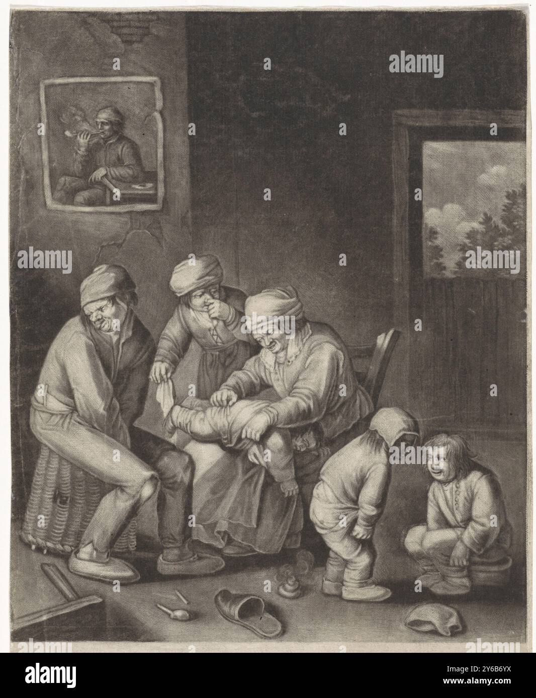 Das Geruchsgefühl, in einem Zimmer reinigt eine Frau das Gesäß ihres Kindes, während der Mann neben ihr sein Gesicht abdreht und seine Zunge ausstreckt. Neben der Frau zwei Kinder, von denen eines auf dem Boden und das andere auf einer Toilette lag. Ein drittes Kind, das seine Nase hält, gibt der Frau ein Tuch. An der Wand ist ein Bild eines Pfeifenrauchenden Mannes zu sehen., Druck, Druckerei: Anonym, nach Druck von: Pieter Schenk (I), nach Malerei von: Andries beide, ca. 1670 - ca. 1770, Papier, Höhe, 235 mm x Breite, 175 mm Stockfoto