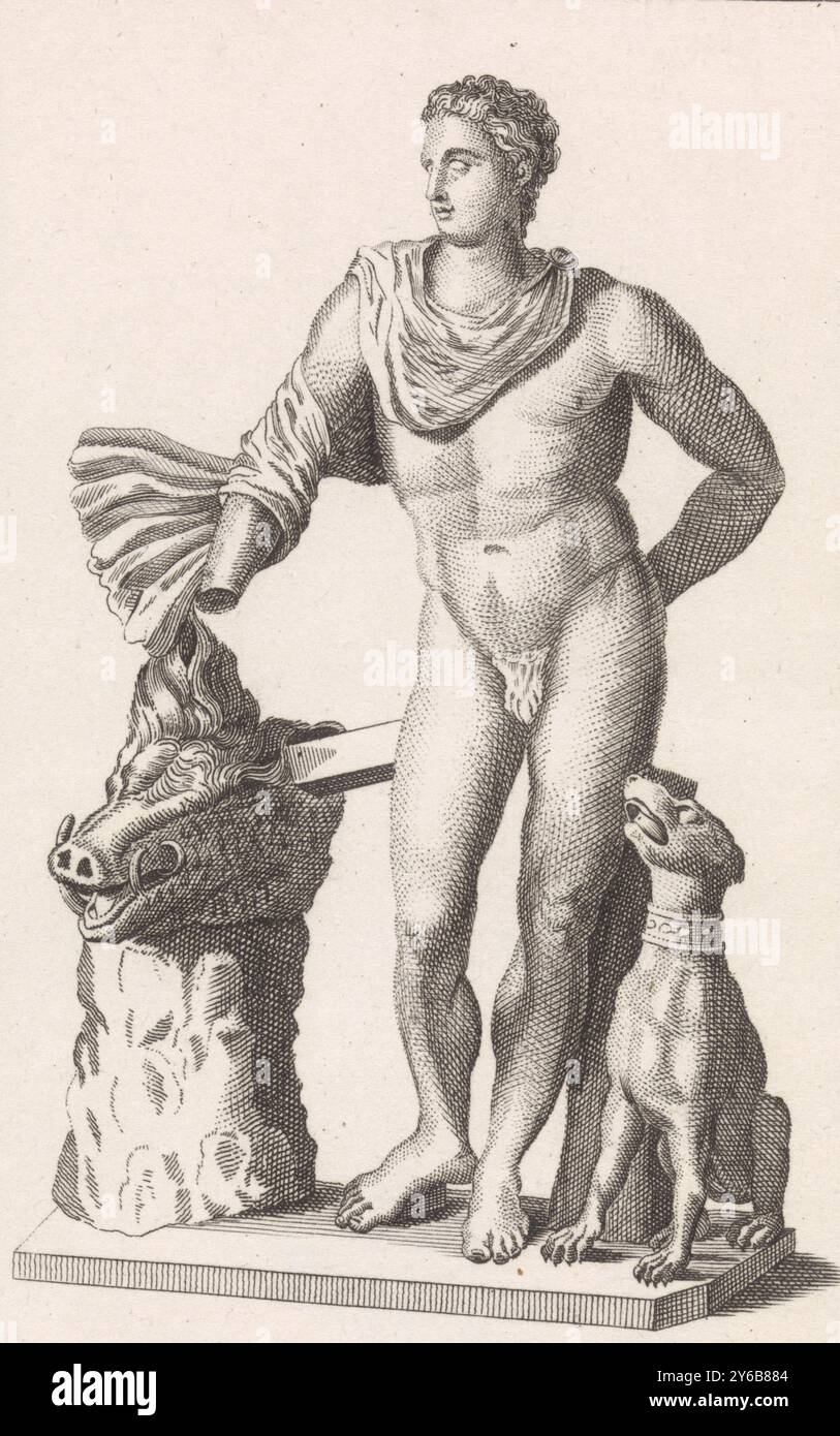 Meleager stand neben dem Kopf des Kaledonischen Ebers, den er erobert hatte. Neben ihm ein Jagdhund. Nach einer klassischen Skulptur. Druckerei: Antoni Zürcher, 1765 - 1837, Papier, Ätzung, Höhe 176 mm x Breite 128 mm Stockfoto