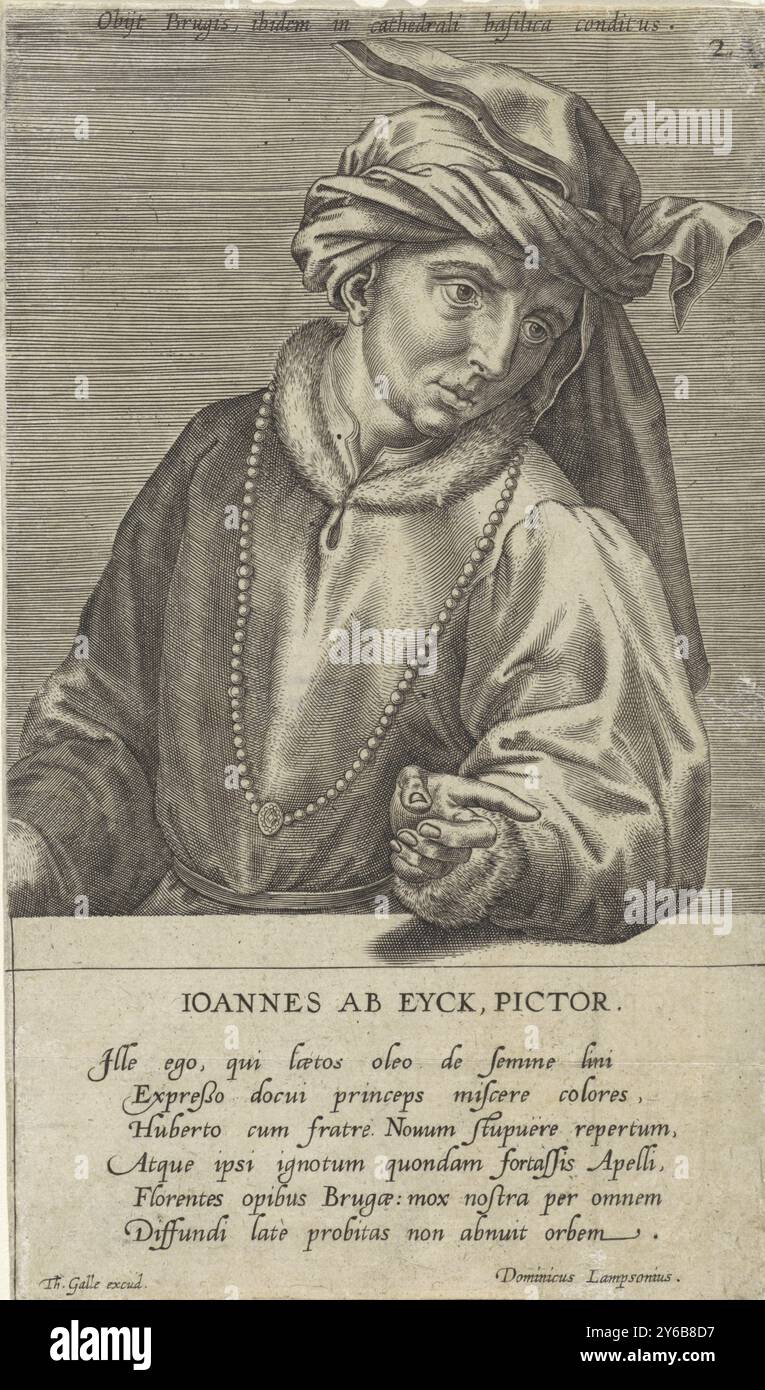 Porträt des Malers Jan van Eyck, Porträt von Malern (Serientitel), Illustrium quos Belgium habuit pictorum Effigies ad vivum Accurate delineatae (Serientitel), über dem Sitter eine Zeile mit biographischen Informationen in lateinischer Sprache. Am Rand eine sechszeilige Beschriftung auf Lateinisch., Print, Print Maker: Wierix, (abgelehnte Attribution), Print Maker: Anonym, Dominicus Lampsonius, (auf dem Gegenstand erwähnt), Antwerpen, 1600 - 1650, Papier, Gravur, Höhe, 207 mm x Breite, 122 mm Stockfoto