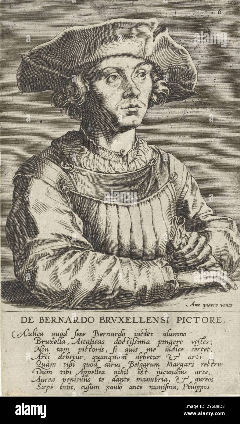 Porträt des Malers Bernard van Orley, Porträts der Maler (Serientitel), Pictorum aliquot Celebrium Germaniae Inferioris effigies (Serientitel), am Rand eine achtzeilige Unterschrift in lateinischer Sprache., Druck, Druckerei: Wierix, (abgelehnte Zuschreibung), Druckerei: Cornelis Cort, nach Zeichnung von: Albrecht Dürer, Antwerpen, 1572, Papier, Gravur, Höhe, 199 mm x Breite, 121 mm Stockfoto Porträt des Malers Bernard van Orley, Porträts der Maler (Serientitel), Pictorum aliquot Celebrium Germaniae Inferioris effigies (Serientitel), am Rand eine achtzeilige Unterschrift in lateinischer Sprache., Druck, Druckerei: Wierix, (abgelehnte Zuschreibung), Druckerei: Cornelis Cort, nach Zeichnung von: Albrecht Dürer, Antwerpen, 1572, Papier, Gravur, Höhe, 199 mm x Breite, 121 mm Stockfoto