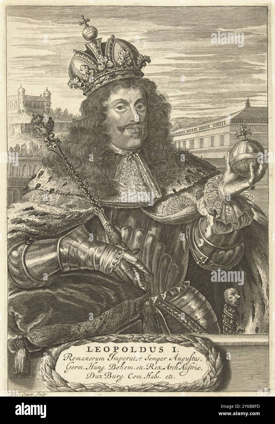 Porträt von Kaiser Leopold I., Porträt des Kaisers mit Zepter und Kugel in den Händen. Leopold trägt einen Hermelinmantel und die kaiserliche Krone., Druck, Druckerei: Hendrik Causé, (auf dem Objekt erwähnt), Antwerpen, in oder nach 1658 - 1699, Papier, Ätzung, Gravur, Höhe, 238 mm x Breite, 162 mm Stockfoto
