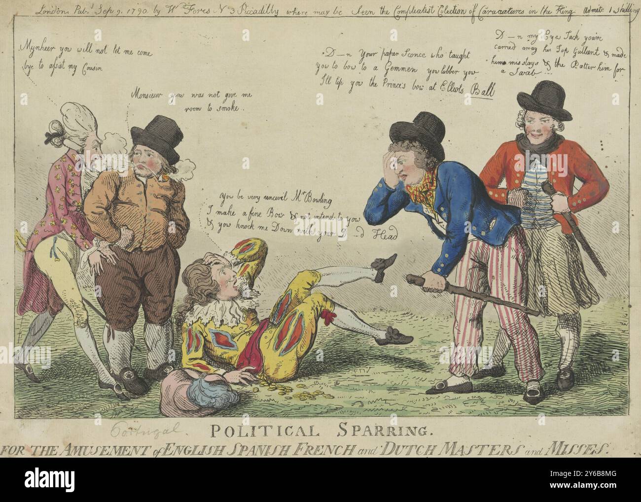 Cartoon über die Affäre rund um den Nootka Sound, 1790, politischer Sparring. For the Amusement of English Spanish French and Dutch Masters and Misses (Titel über Objekt), Cartoon über die Krise zwischen den Briten und den Spaniern im Nootka Sound bei Vancouver Island im Sommer 1789. Der Spanier liegt auf dem Boden, um mit dem englischen Seemann auf die Köpfe gestoßen zu sein. Ein zweiter englischer Seemann schaut verspottet zu. Der Franzose auf der linken Seite versucht, seinem spanischen Verbündeten zu helfen, wird aber von dem fetten Pfeifenrauchenden Holländer, einem Verbündeten Englands, aufgehalten Stockfoto