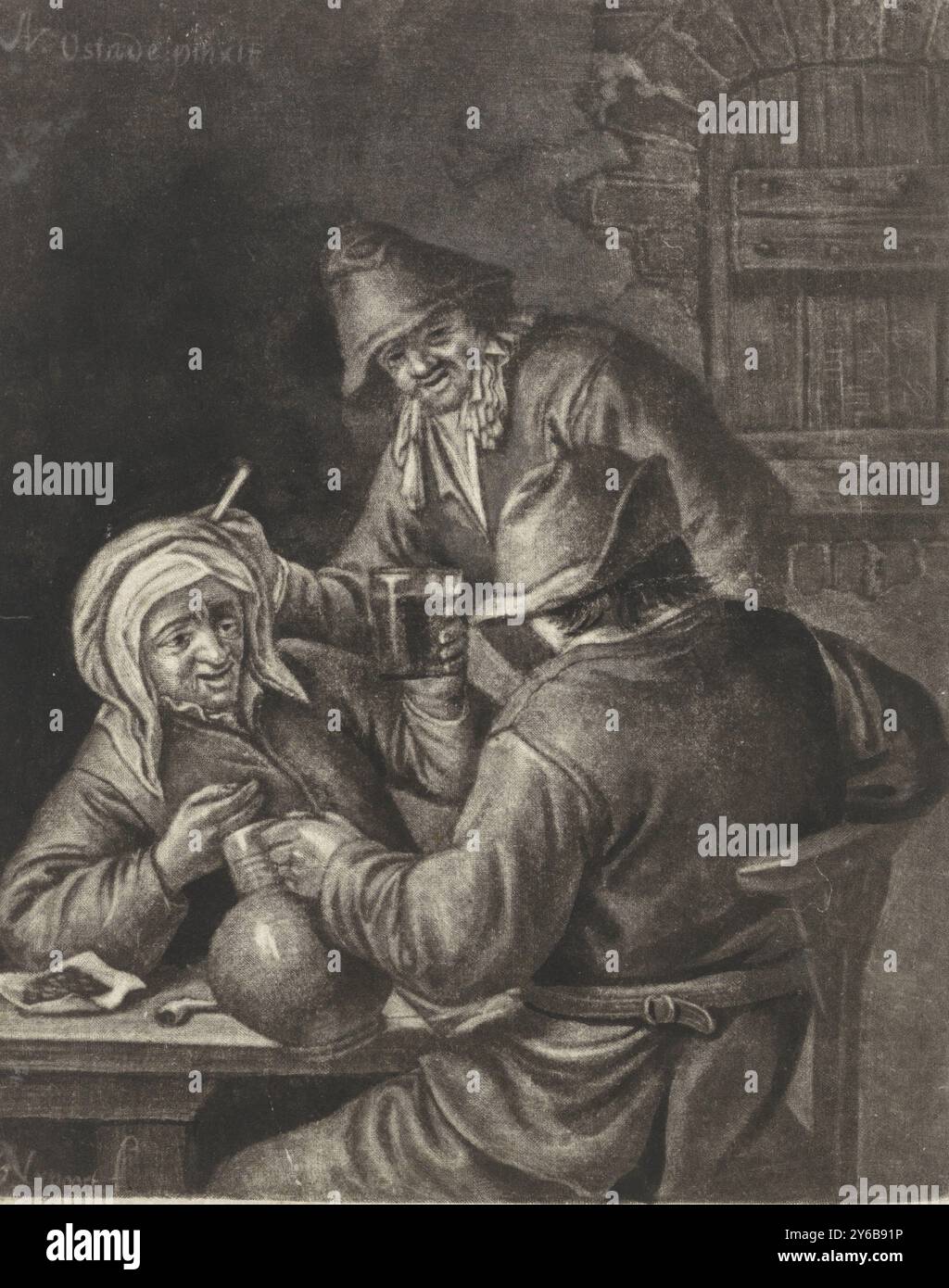 Drei Trinkfiguren in einem gasthaus, in einem gasthaus trinken ein Mann und eine Frau an einem Tisch, auf dem Tabak und Pfeife stehen. Eine dritte Figur geht an ihnen vorbei, raucht eine Pfeife., Druck, Druckerei: Justus van den Nijpoort, (erwähnt auf Objekt), nach Malerei von Adriaen van Ostade, (erwähnt auf Objekt), 1680 - 1691, Papier, Höhe, 215 mm, Breite, 173 mm Stockfoto