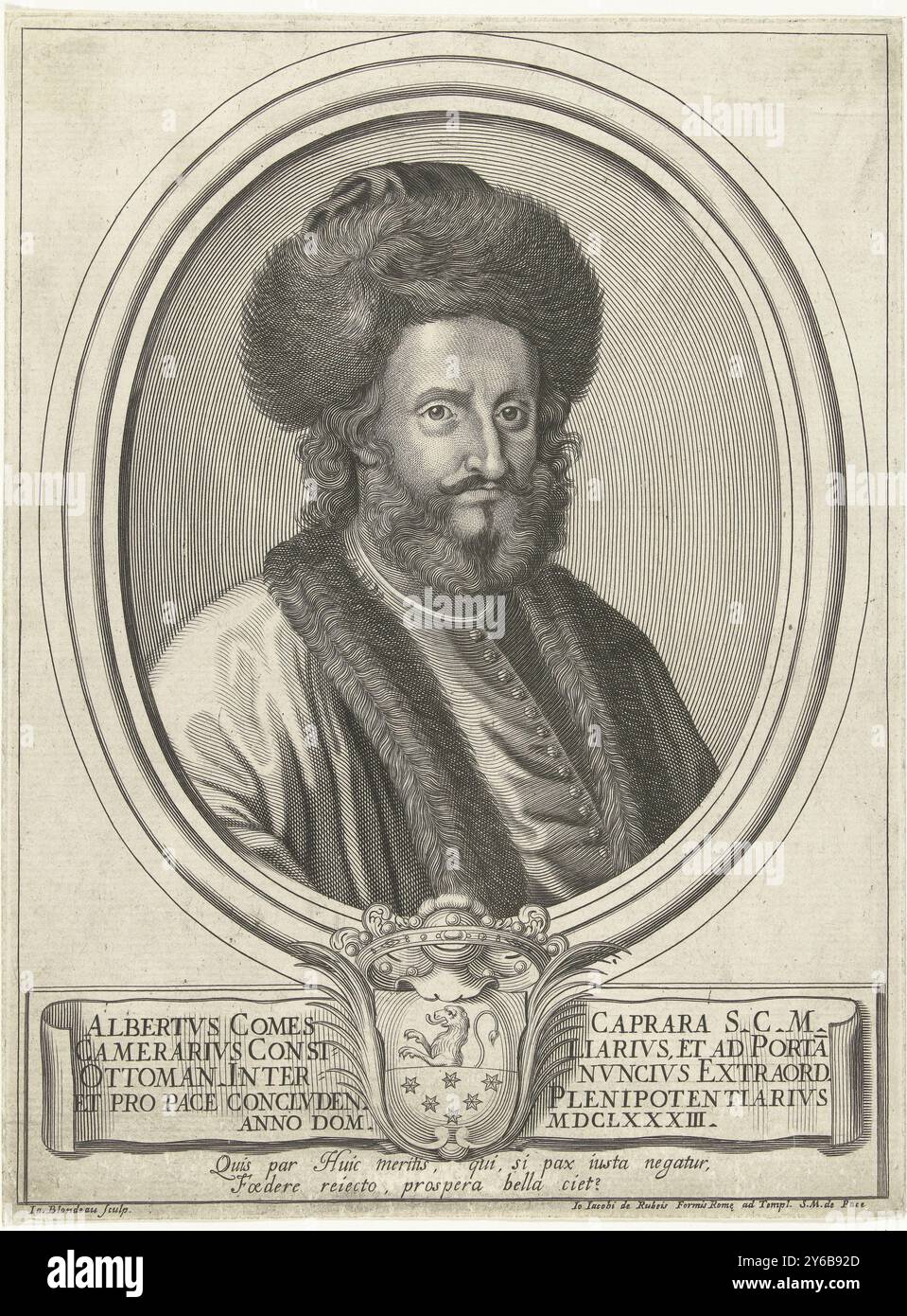 Porträt des osmanischen Grafen Alberto Caprara mit Pelzmütze, Albertvs Comes Caprara (...) anno dom. MDCLXXXIII (Titel über Objekt), Porträt des osmanischen Grafen Alberto Caprara, Büste mit Pelzhut im ovalen Rahmen, unterhalb des Portraits sein Wappen und ein lateinischer Vers., Druck, Druckerei: Jacques Blondeau, (erwähnt auf Objekt), nach Entwurf: Unbekannt, Verlag: Giovanni Giacomo de'Rossi, (erwähnt auf Objekt), Druckerei: Unbekannt, Verlag: Rom, 1665 - 1698, Verlag Papier, Gravur, Höhe, 240 mm x Breite, 180 mm Stockfoto