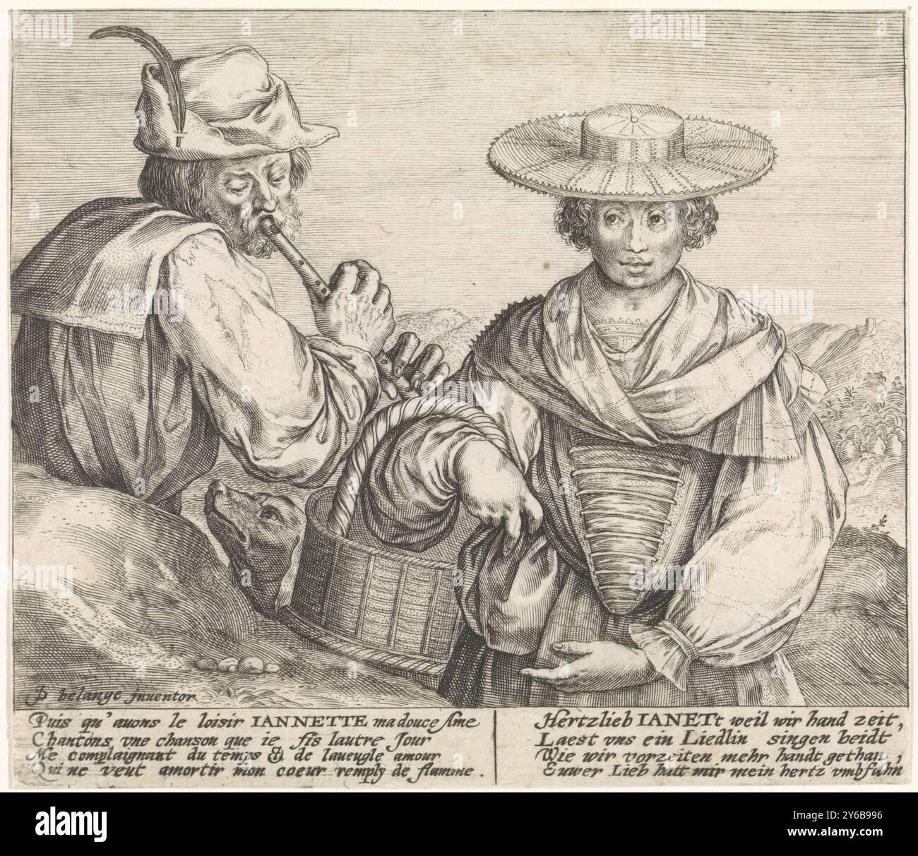 Der Mann verführt eine Frau mit seinem Flötenspiel, Mimicarum aliquot facetiarum icones ad habitum Italicum expressi (Titel der Serie), Ein Bauer spielt die Flöte und versucht, die Frau des Bauern zu verführen. Sie trägt einen Strohhut mit breiter Krempe am Kopf und einen Korb am Arm. Sie macht eine schmutzige Geste mit ihren Händen. Am Rand eine vierzeilige Beschriftung in französischer und deutscher Sprache., Druck, Druckerei: Crispijn van de Passe (I), nach Entwurf: Jacques Bellange, (auf dem Objekt erwähnt), unbekannt, 1574 - 1637, Papier, Gravur, Ätzen, Höhe, 111 mm x Breite, 128 mm Stockfoto
