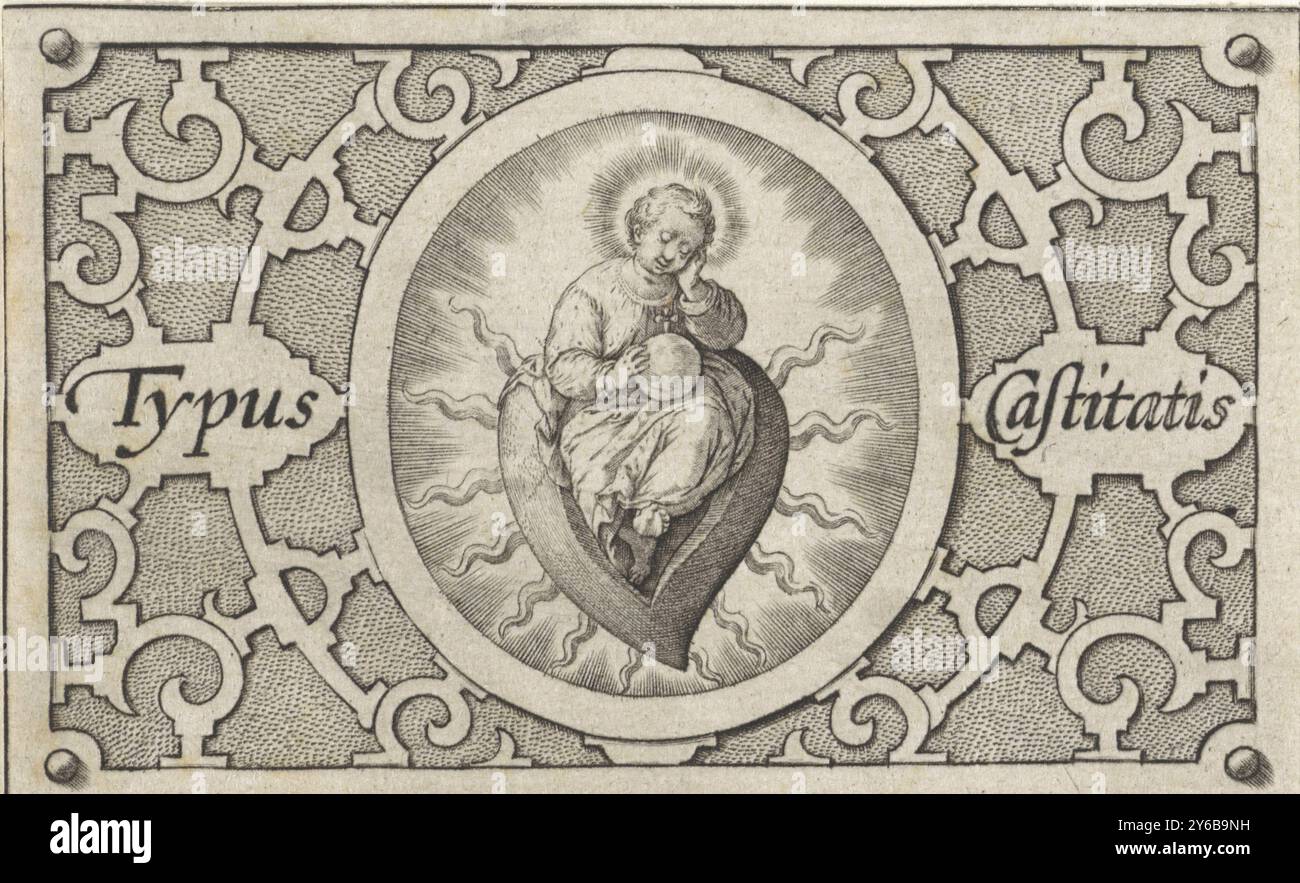 Schlafendes Christkind auf einem Flammenherz, Typus Castitatis (Titel auf Objekt), das schlafende Christkind sitzt auf einem Flammenherz, umgeben von Lichtstrahlen., Druck, Druckerei: Hieronymus Wierix, Antwerpen, 1563 - vor 1619, Papier, Gravur, Höhe, 50 mm x Breite, 81 mm Stockfoto Schlafendes Christkind auf einem Flammenherz, Typus Castitatis (Titel auf Objekt), das schlafende Christkind sitzt auf einem Flammenherz, umgeben von Lichtstrahlen., Druck, Druckerei: Hieronymus Wierix, Antwerpen, 1563 - vor 1619, Papier, Gravur, Höhe, 50 mm x Breite, 81 mm Stockfoto