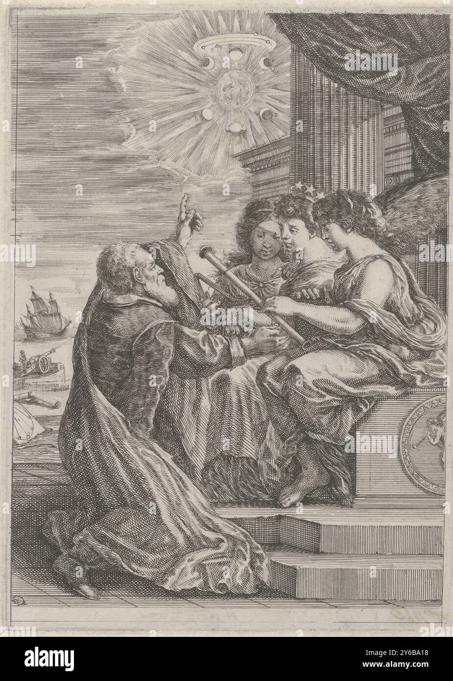 Galileo Galilei und drei Musen, Titelseite für: Galileo Galilei, Opere di Galileo Galilei, 1656, Galileo kniet vor drei Musen (Astronomie, Perspektive und Mathematik), die auf einem Thron sitzen. Er zeigt auf Planeten am Himmel. Im Hintergrund ein Segelschiff auf See und ein Soldat mit einer Kanone an der Küste., Druck, Druckerei: Stefano della Bella, (auf dem Objekt erwähnt), Verlag: Carlo Manolessi, Bologna, 1656, Papier, Ätzen, Höhe, 210 mm x Breite, 150 mm Stockfoto