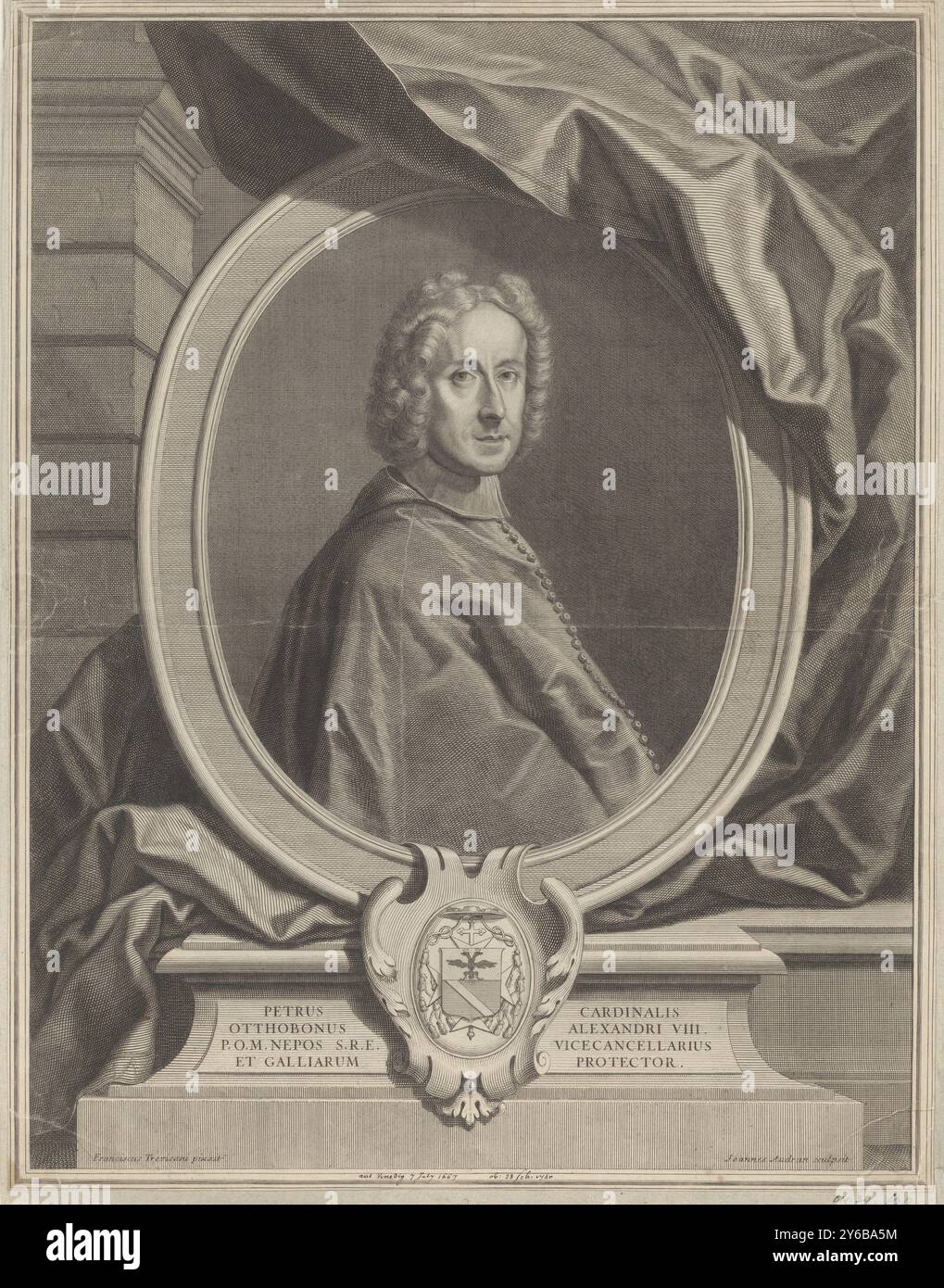 Porträt von Pietro Ottoboni, Petrus cardinalis Otthobonus Alexandri VIII (...) (Titel auf Objekt), Druck, Druckerei: Jean Audran, (auf Objekt erwähnt), nach Malerei von Francesco Trevisani, (auf Objekt erwähnt), Frankreich, 1677 - 1756, Papier, Gravur, Ätzen, Höhe, 520 mm x Breite, 406 mm Stockfoto