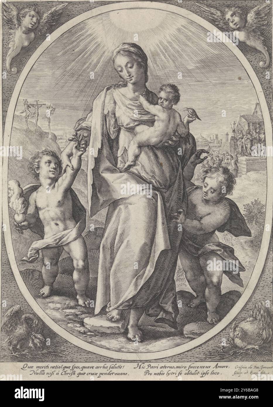 Liebe, Theologische Tugenden (Serientitel), die weibliche Personifikation der Liebe (Caritas), begleitet von Kindern. Einer von ihnen hält ein flammendes Herz. Im linken Hintergrund wird die Kreuzigung und im rechten Hintergrund Christus dem Volk gezeigt. Am Rand eine vierzeilige Beschriftung, in zwei Spalten, lateinisch., Druck, Druckerei: Crispijn van de Passe (I), (auf Objekt erwähnt), nach eigenem Entwurf von: Crispijn van de Passe (I), (auf Objekt erwähnt), Verlag: Crispijn van de Passe (I), (auf Objekt erwähnt), unbekannt, 1574 - 1637, Papier, Gravur, Höhe, 235 mm x Breite, 171 mm Stockfoto Liebe, Theologische Tugenden (Serientitel), die weibliche Personifikation der Liebe (Caritas), begleitet von Kindern. Einer von ihnen hält ein flammendes Herz. Im linken Hintergrund wird die Kreuzigung und im rechten Hintergrund Christus dem Volk gezeigt. Am Rand eine vierzeilige Beschriftung, in zwei Spalten, lateinisch., Druck, Druckerei: Crispijn van de Passe (I), (auf Objekt erwähnt), nach eigenem Entwurf von: Crispijn van de Passe (I), (auf Objekt erwähnt), Verlag: Crispijn van de Passe (I), (auf Objekt erwähnt), unbekannt, 1574 - 1637, Papier, Gravur, Höhe, 235 mm x Breite, 171 mm Stockfoto