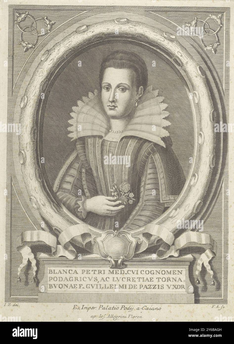 Porträt der Bianca de' Medici, Porträt der Bianca de' Medici in ovalem Rahmen mit leerer Kartusche darunter. Eine Blume in ihrer rechten Hand. Unter dem Porträt ein Rahmen mit ihrem Namen., Druck, Druckerei: Francesco Allegrini, (auf dem Objekt erwähnt), nach Zeichnung von: Giuseppe Zocchi, (auf dem Objekt erwähnt), Verlag: Giuseppe Allegrini, (auf dem Objekt erwähnt), Druckerei: Italien, nach Zeichnung von: Italien, Verlag: Florenz, 1739 - 1773, Papier, Gravur, Höhe, 352 mm x Breite, 255 mm Stockfoto