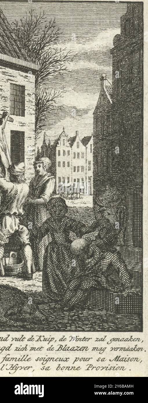 November: Die Schlachtung, die zwölf Monate (Titel der Serie), der Monat November: Vor einem Haus beobachtet eine Gruppe von Menschen die Schlachtung eines Schweins. Im Rand ein zweizeiliges Gedicht in Niederländisch und Französisch. Druck, Druckerei: Jan Caspar Philips, Amsterdam, 1736 - 1775, Papier, Ätzen, Gravur, Höhe, 100 mm x Breite, 52 mm Stockfoto