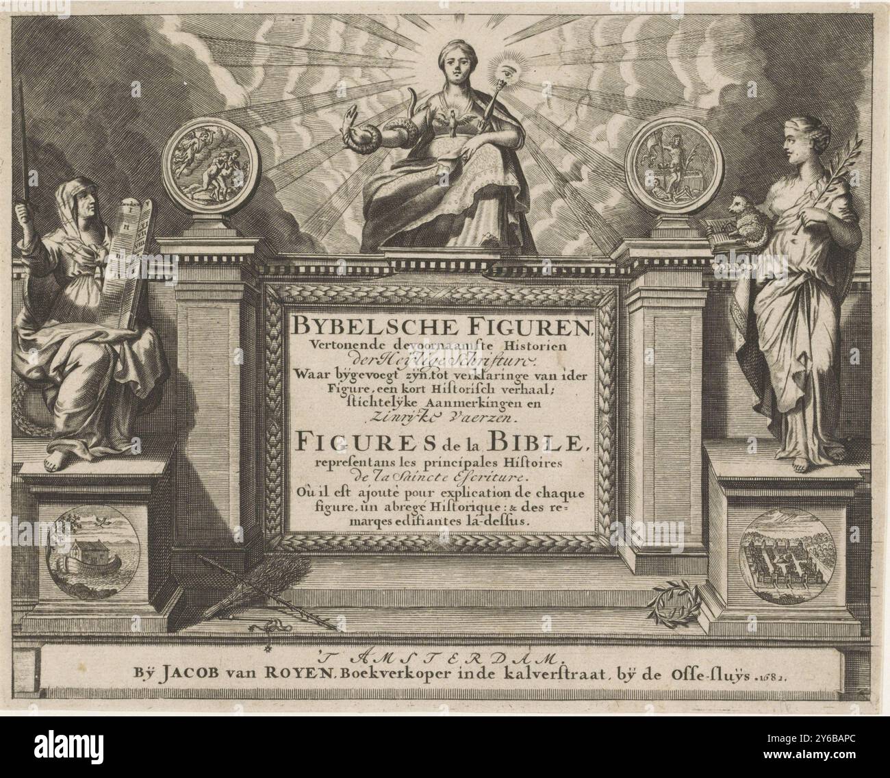 Allegory on the Old and New Testament, Titelseite für: Biblische Figuren, zeigt die wichtigsten Historien der Heylige Schrifture, Amsterdam, 1682, biblische Figuren, zeigt die wichtigsten Historien der Heylige Schrifture, Allegory on the Old and New Testament. Titel im architektonischen Rahmen, flankiert von einer sitzenden alten Frau mit den zehn Geboten und einem erhobenen Schwert links, einer stehenden Frau mit Lamm und dem Buch mit sieben Siegeln rechts. Die oberste Mittelfrau thront mit einer Schlange, die sich um den Arm schlängelt, die Taube als Symbol des Heiligen Geistes vor ihrer Brust Stockfoto