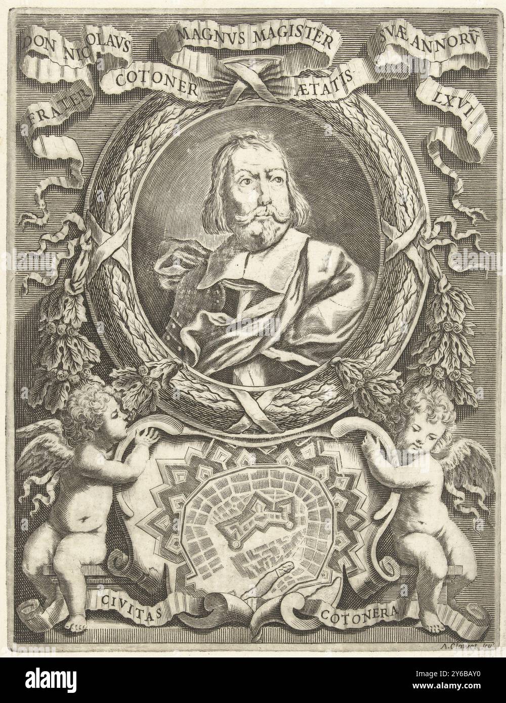 Porträt von Nicolás Cotoner, Porträt im ovalen Rahmen von Nicolás Cotoner, Großmeister des Malteserordens. Nach rechts. Unten auf dem Druck halten zwei Engel eine Kartusche mit der Karte der Sacra Infermeria in Valletta., Druck, Druckerei: Albertus Clouwet, (auf dem Objekt erwähnt), nach eigenem Entwurf von: Albertus Clouwet, Rom, 1666 - 1679, Papier, Gravur, Höhe, 220 mm x Breite, 169 mm Stockfoto