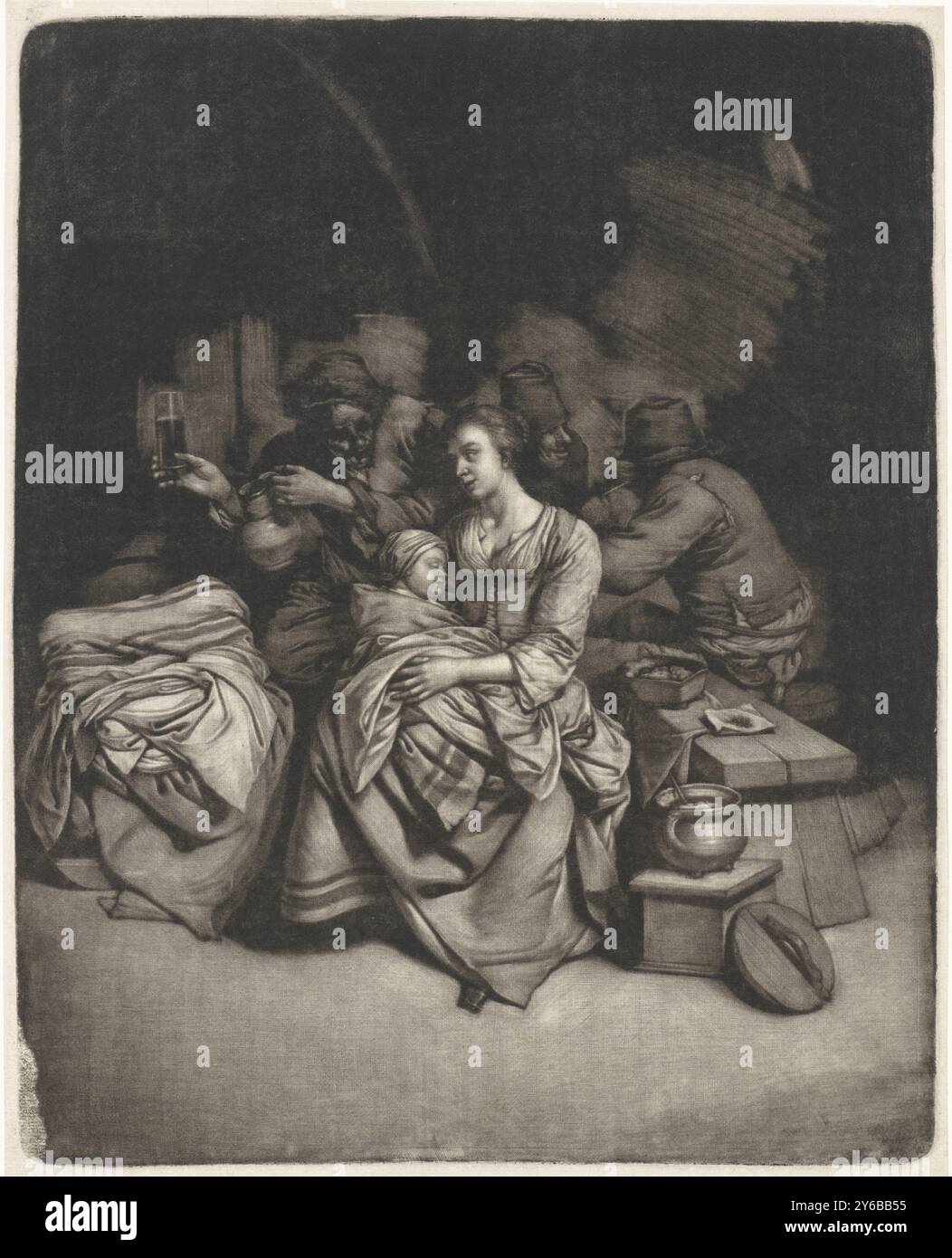 Frau mit einem schlafenden Kind in einem gasthaus, in einem gasthaus sitzt eine Frau mit einem schlafenden Kind auf ihrem Schoß zwischen den Pfeifenrauchenden und trinkenden Männern. Neben ihr befindet sich ein Topf mit Essen auf einem Herd., Druck, Druckerei: Wallerant Vaillant, (auf dem Objekt erwähnt), nach Malerei von: Cornelis Pietersz. Bega, (auf dem Objekt erwähnt), 1658 - 1677, Papier, Höhe, 360 mm x Breite, 287 mm Stockfoto