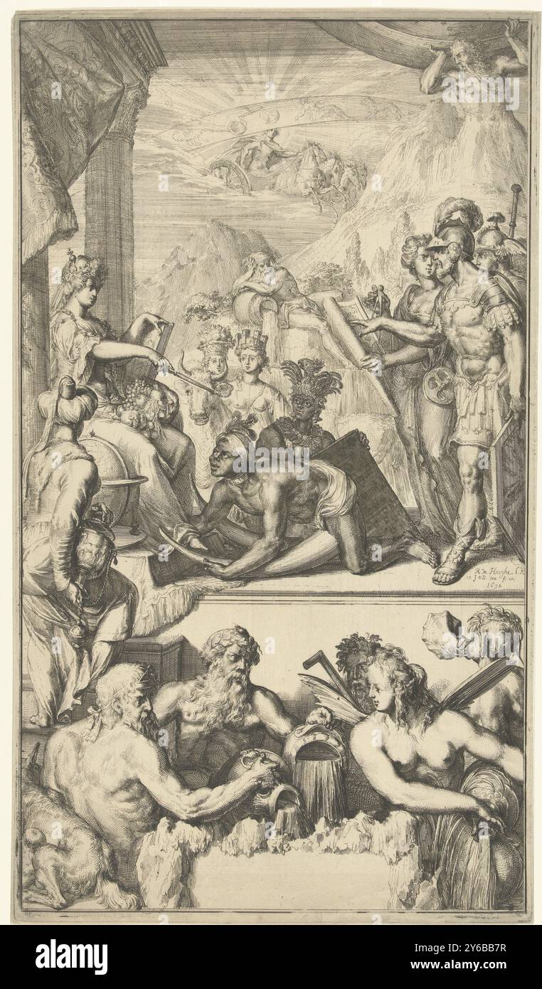 Titeldruck für „Atlas nouveau, Contenant toutes les Parties du Monde“ von Guillaume Delisle, links sitzt die Personifikation der Welt auf ihrem Thron. Sie trägt eine Krone und hält ein Zepter und ein Kartenbuch, mit einem Horn voller Überfluss auf ihrem Schoß. Um sie herum sind Personifizierungen der vier Kontinente: Asien mit einem Turban, Afrika mit einem Sklavenkragen und Elfenbein, Amerika mit einem Federkopfschmuck und Europa am Stier. Rechts eine weibliche Personifikation der Kartographie mit Mars und Apollo. Über ihnen Atlas mit der Himmelskuppel auf dem nach ihm benannten Berg, Helios und einem Tierkreiszeichen. Im für Stockfoto