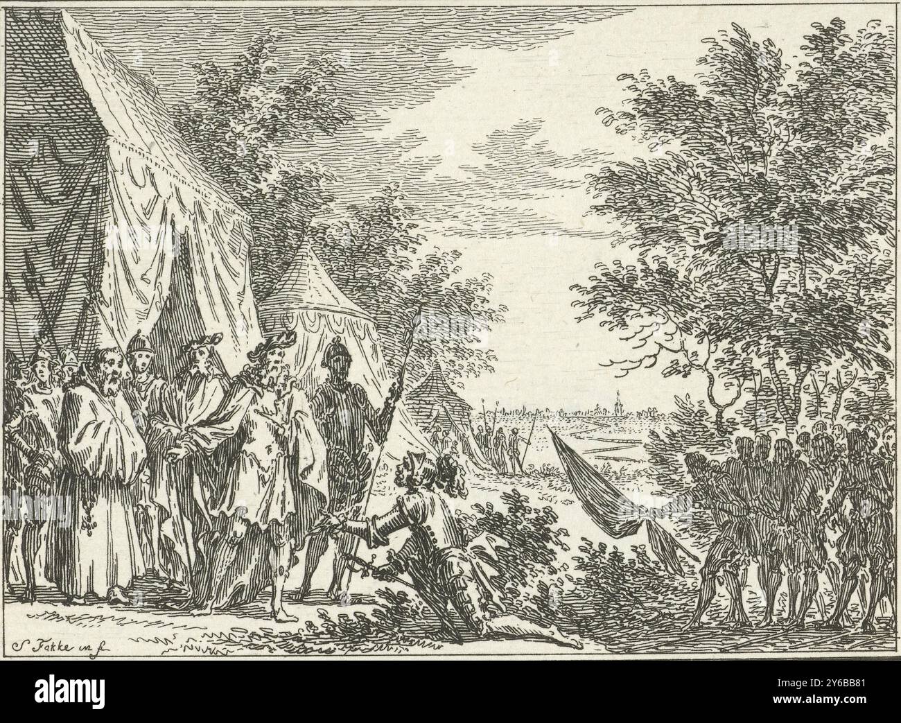 Kapitulation in einem Zeltlager, Illustrationen zur Nationalgeschichte (Titel der Serie), Darstellungen aus der Nationalgeschichte. Ein Soldat in Rüstung kniet vor einer Gruppe von Männern in einem Zeltlager und gibt ihnen das Schwert. Hinter dem knienden Soldaten hält eine Figur eine Flagge., Druck, Druckerei: Simon Fokke, (auf Objekt erwähnt), nach eigenem Entwurf von: Simon Fokke, (auf Objekt erwähnt), Amsterdam, 1722 - 1784, Papier, Ätzen, Höhe, 89 mm x Breite, 111 mm Stockfoto