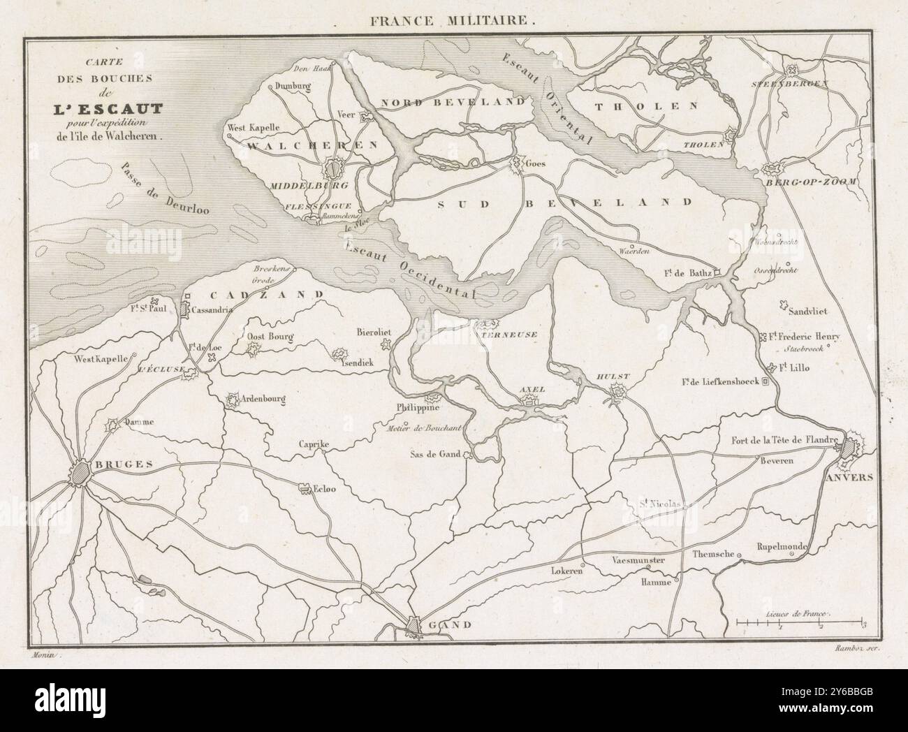 Karte der Mündung der Schelde, 1809, Carte des bouches de l'Escaut pour l'expédition de l'ile de Walcheren, France Militaire (Titel zum Objekt), Karte der Oosterschelde, Westschelde, Walcheren und Zeeuws-Vlaanderen, in Verbindung mit der Walcheren-Expedition im August 1809., Druck, Druckerei: Ramboz, (auf Objekt erwähnt), unbekannt: Monin, (auf dem Gegenstand erwähnt), Frankreich, 1830 - 1838, Papier, Ätzen, Gravur, Höhe ca. 165 mm x Breite ca. 225 mm Stockfoto