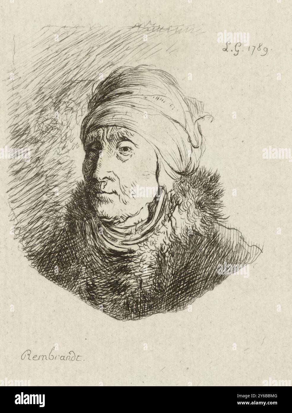 Büste einer alten Frau mit Turban, Druck, Druckerei: Sauveur Legros, (auf dem Objekt erwähnt), nach Entwurf: Rembrandt van Rijn, (auf dem Objekt erwähnt), 1789, Papier, Ätzen, Höhe, 88 mm x Breite, 63 mm Stockfoto