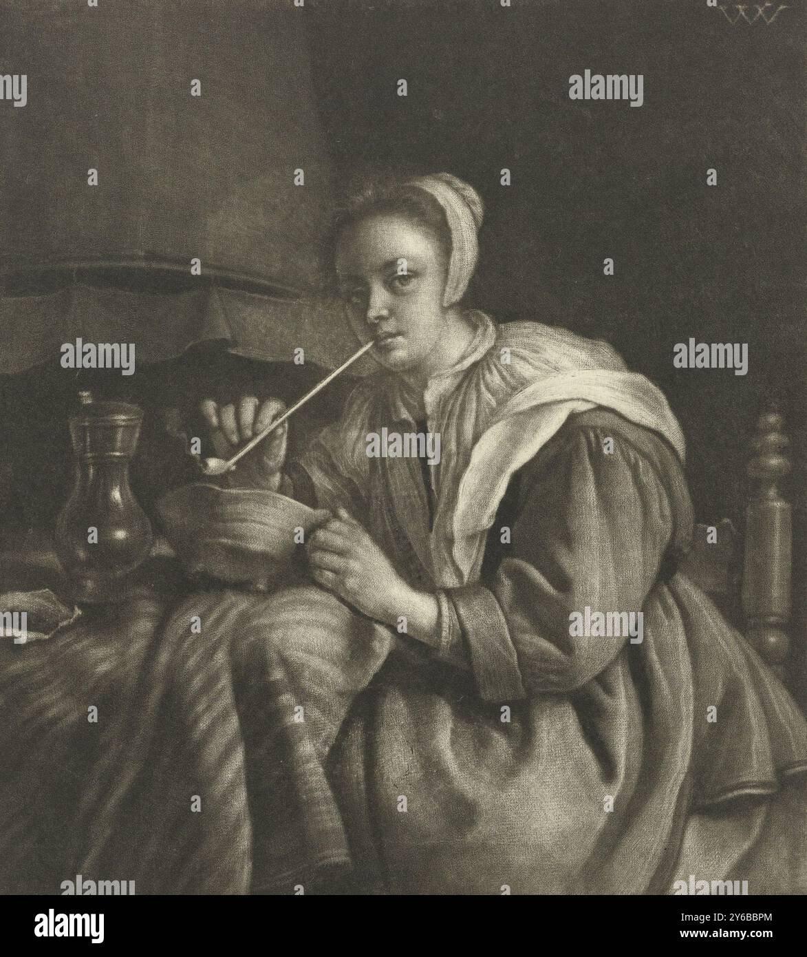 Pfeifenrauchende Frau, Eine junge Frau raucht eine Pfeife bei einem Brandversuch. Auf dem Tisch neben ihrem Tabak und einem Krug, Druck, Druckerei: Wallerant Vaillant, (auf dem Objekt erwähnt), nach Malerei von: Gabriël Metsu, (möglicherweise), 1658 - 1677, Papier, Höhe, 172 mm x Breite, 156 mm Stockfoto