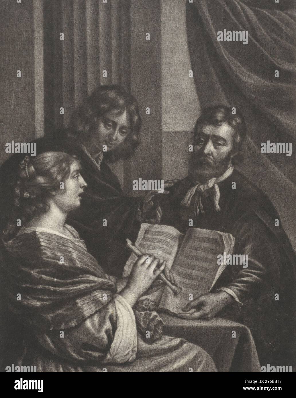 Flötenspielerin, Eine junge Frau spielt eine Flöte in Gegenwart von zwei Männern, von denen einer ein Musikbuch aufhält., Druck, Druckerei: Wallerant Vaillant, nach Malerei von Gerard Pietersz. Van Zijl, 1658 - 1677, Papier, Höhe, 308 mm x Breite, 242 mm Stockfoto