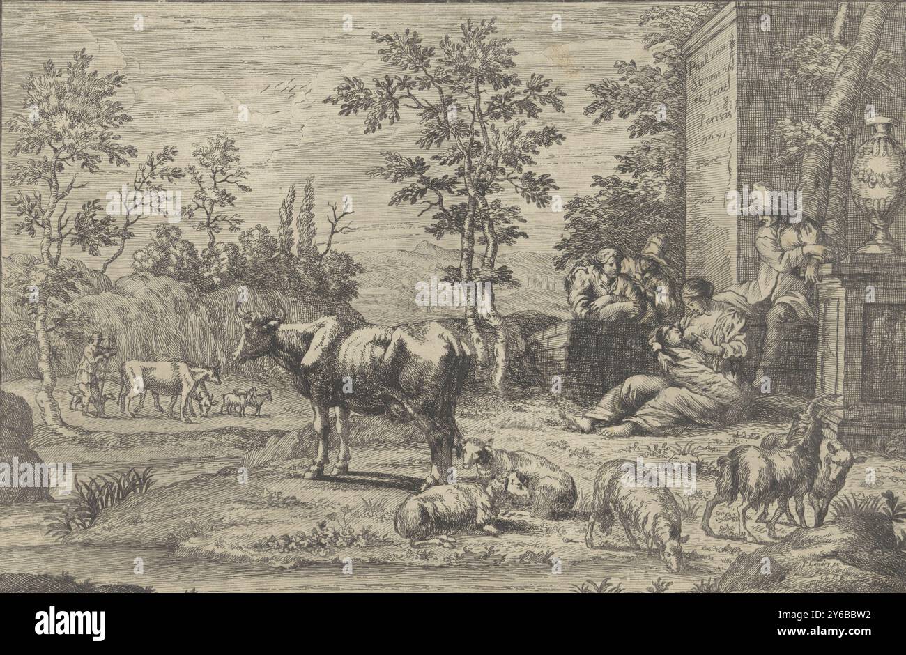 Landschaft mit Vieh und Bauern, am Fuße einer Mauer stillt eine Frau ihr gewickeltes Kind. Eine Frau und zwei Männer sehen zu. ae, Druck, Druckerei: Paul van Somer (II), (erwähnt zum Gegenstand), Herausgeber: Pierre Landry, (erwähnt zum Gegenstand), nach Entwurf: Paul van Somer (II), (erwähnt zum Gegenstand), Paris, 1671, Papier, Ätzen, Gravieren, Höhe, 188 mm x Breite, 292 mm Stockfoto