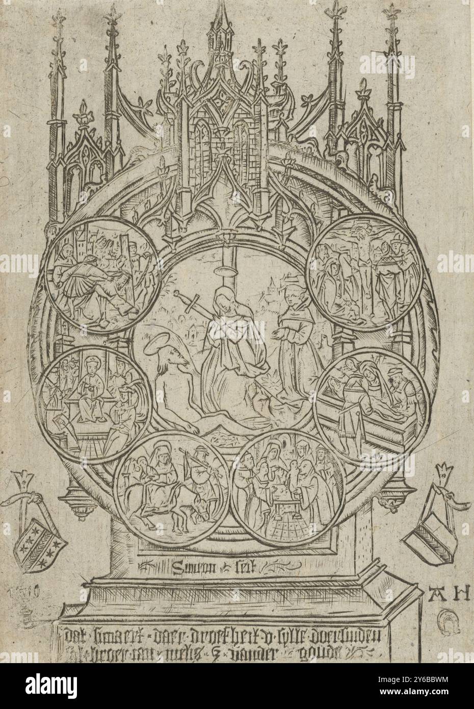 Die Klage Christi in einem Schrein mit sechs anderen Darstellungen aus dem Leben Christi, gotischer Schrein mit sechs Darstellungen in Kreisen, umgeben von einer Darstellung von Maria mit einem Schwert in ihrem Herzen, die den toten Christus weint. Sechs Darstellungen in Kreisen sind: Kreuzigung, Beschwörung, Präsentation im Tempel, Flug nach Ägypten, zwölfjähriger Christus im Tempel und Tragen des Kreuzes. Auf dem Sockel des Schreins steht Text. Zwei Waffen hängen links und rechts. Rechts: Delfter Wappen. Links: Gouda Wappen, Druck, Druckerei: Meester AH met het het het hoefijzer, (mentio Stockfoto