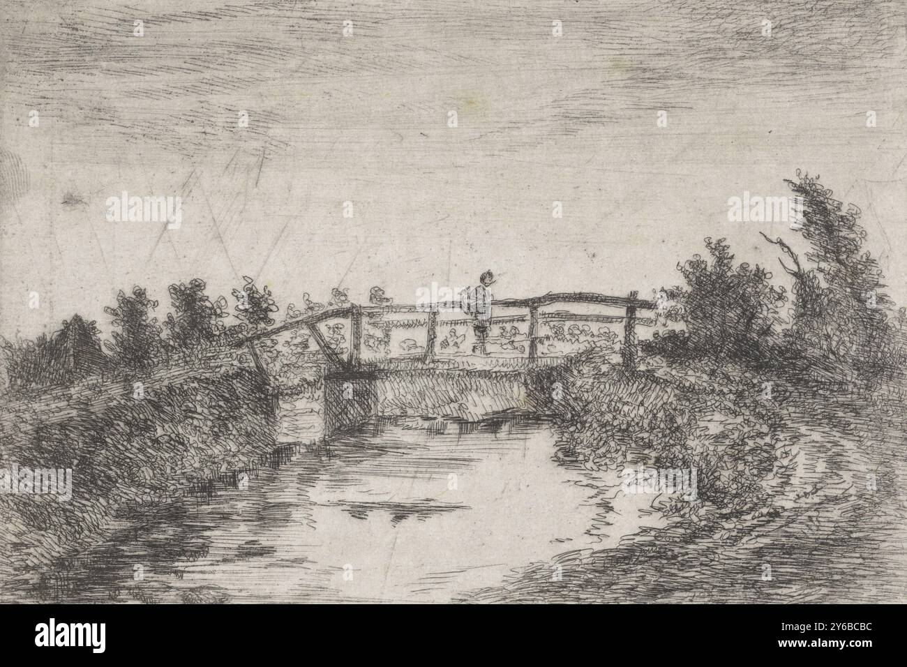 Landschaft mit Brücke, Druck, Druckerei: Arnoud Schaepkens, 1831 - 1904, Papier, Ätzen, Höhe, 144 mm x Breite, 215 mm Stockfoto