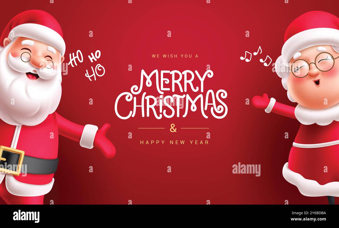 Frohe weihnachten Grußkarte Vektor Vorlage Design. weihnachtsmann und mrs. claus Charaktere in winkenden, singenden und fröhlichen Lächeln für Rot Stock Vektor