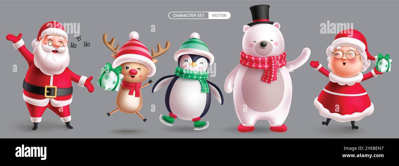 Weihnachtsfiguren Vektor Set Design. Niedliche Weihnachtsfiguren in Stehhaltung, Singen, Geschenke halten und fröhlich lächelnde Charaktere Kollektion. Stock Vektor