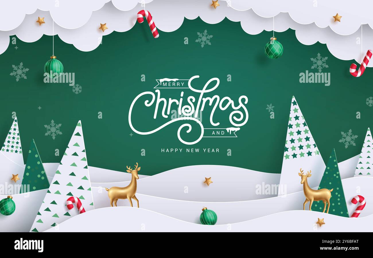 Weihnachtsgrußkarte Vektor Banner Design. Frohe weihnachten und frohe Neujahrsgrußtext mit Papier geschnittenen Wolken, gemusterten Kiefern und Hängen Stock Vektor